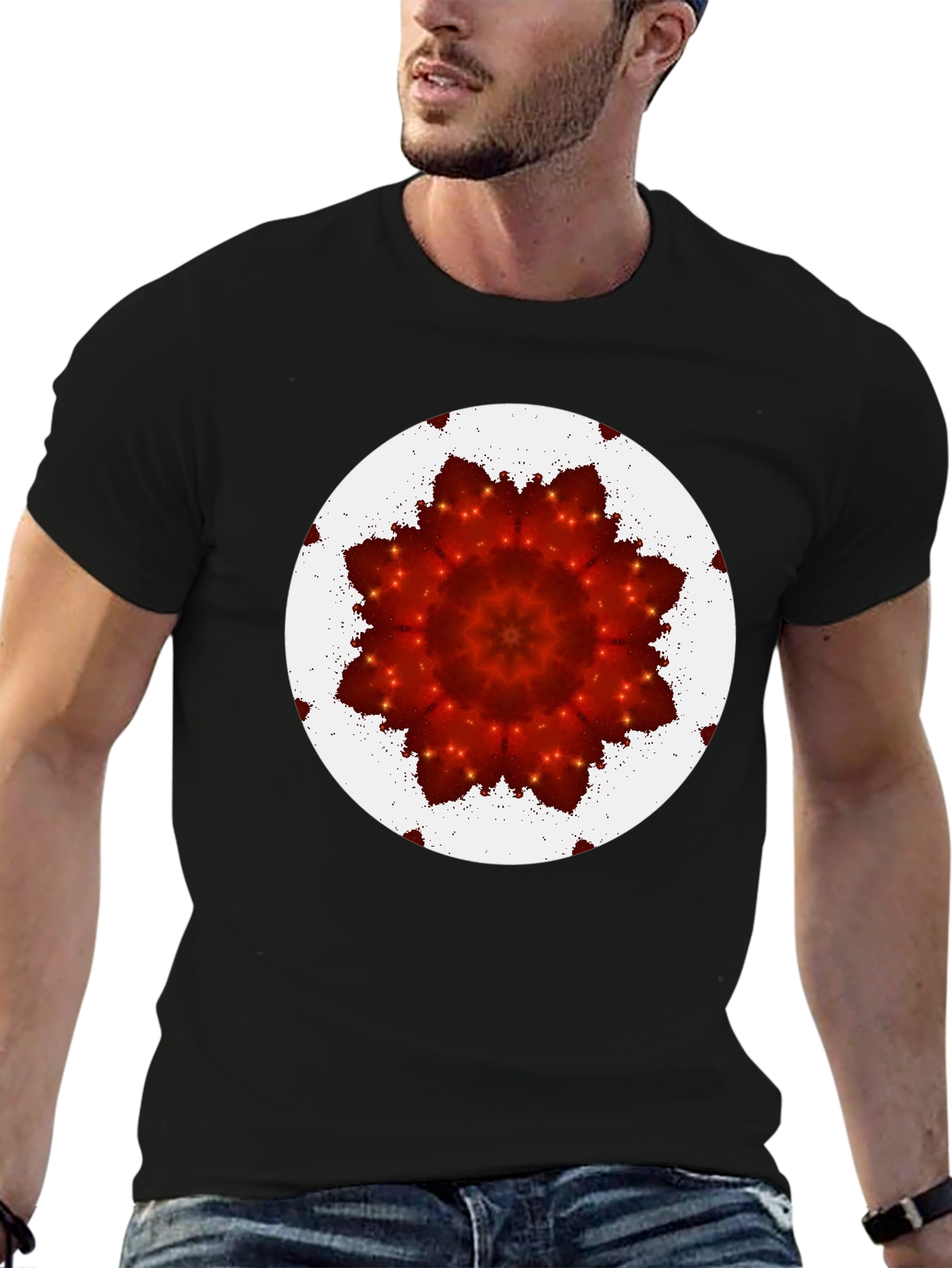 Red Floral Kaleidoscope Print Black T-Shirt