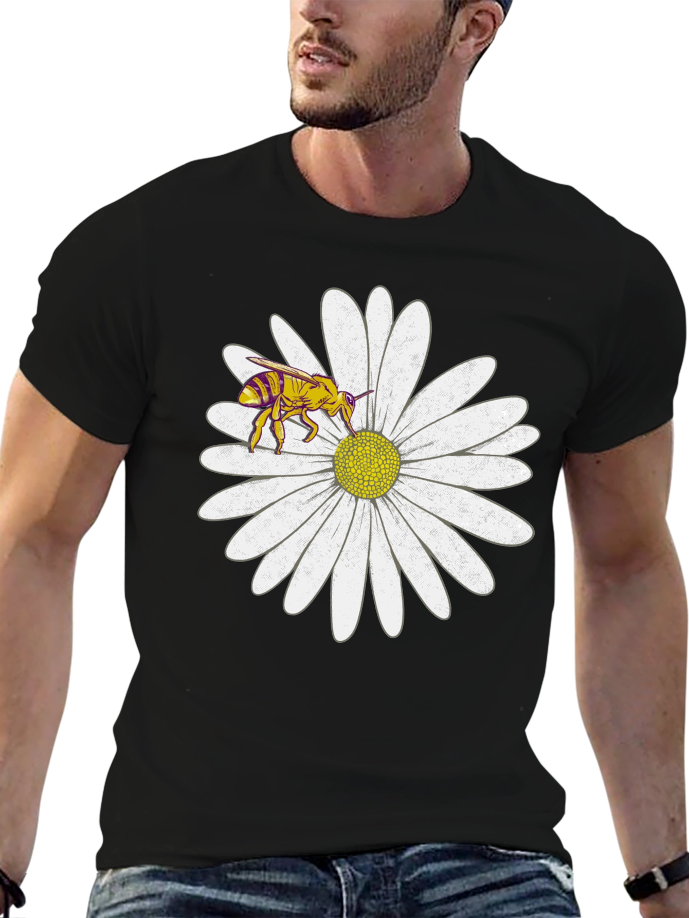 Bee on Daisy Graphic Tee - Black Cotton T-Shirt