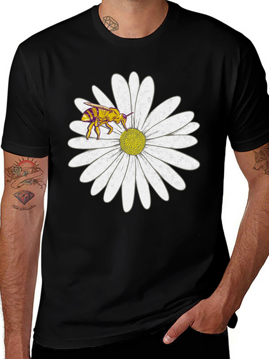 Bee on Daisy Graphic Tee - Black Cotton T-Shirt