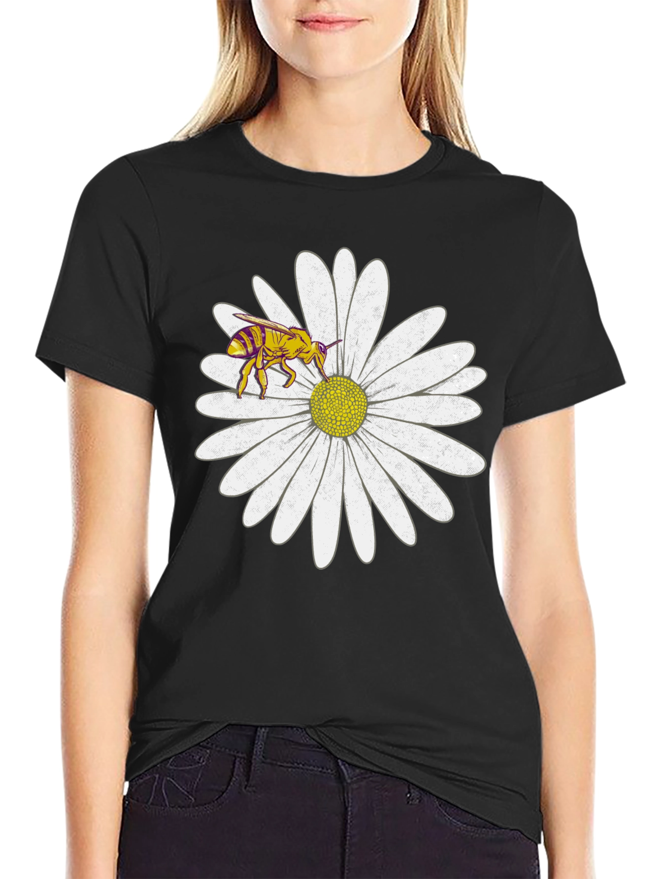 Bee on Daisy Graphic Tee - Black Cotton T-Shirt