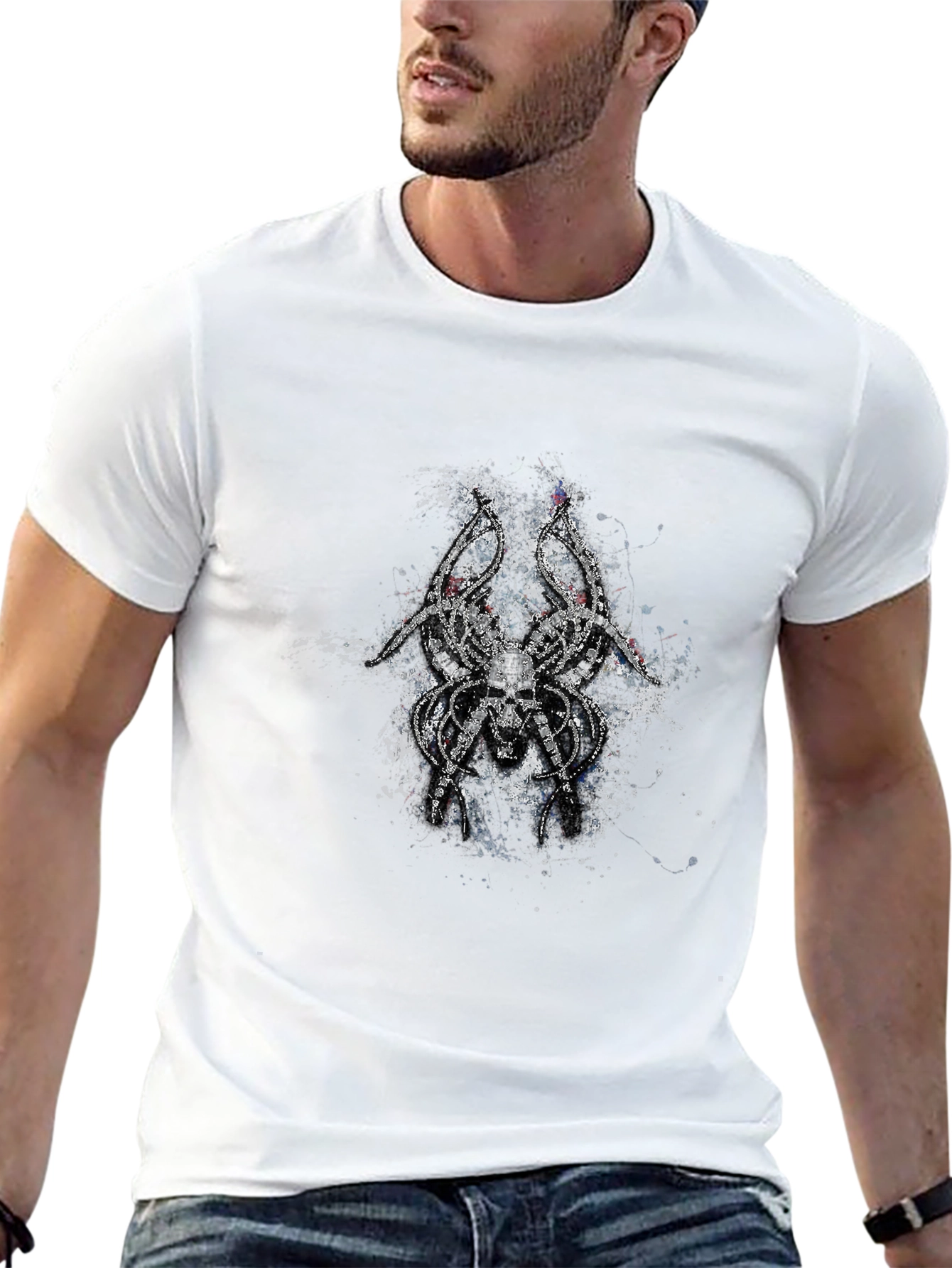 Mens Black T-Shirt with Skull Spider Graphic
