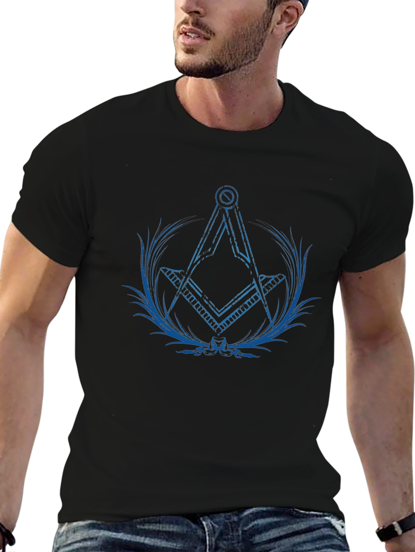 Blue Masonic Symbol on Black Tee