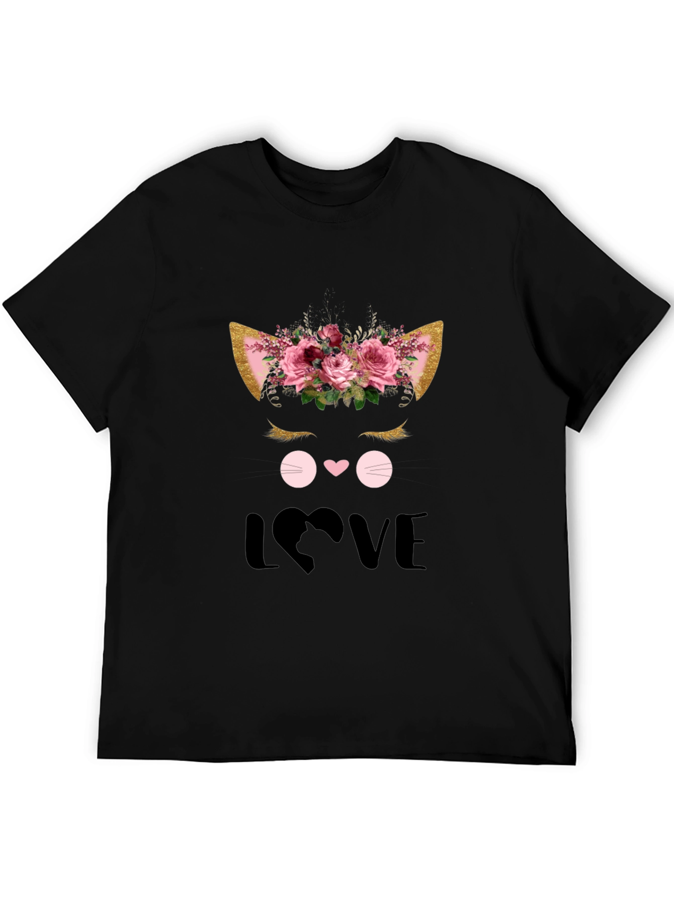 Cute Cat Love Graphic Black T-Shirt
