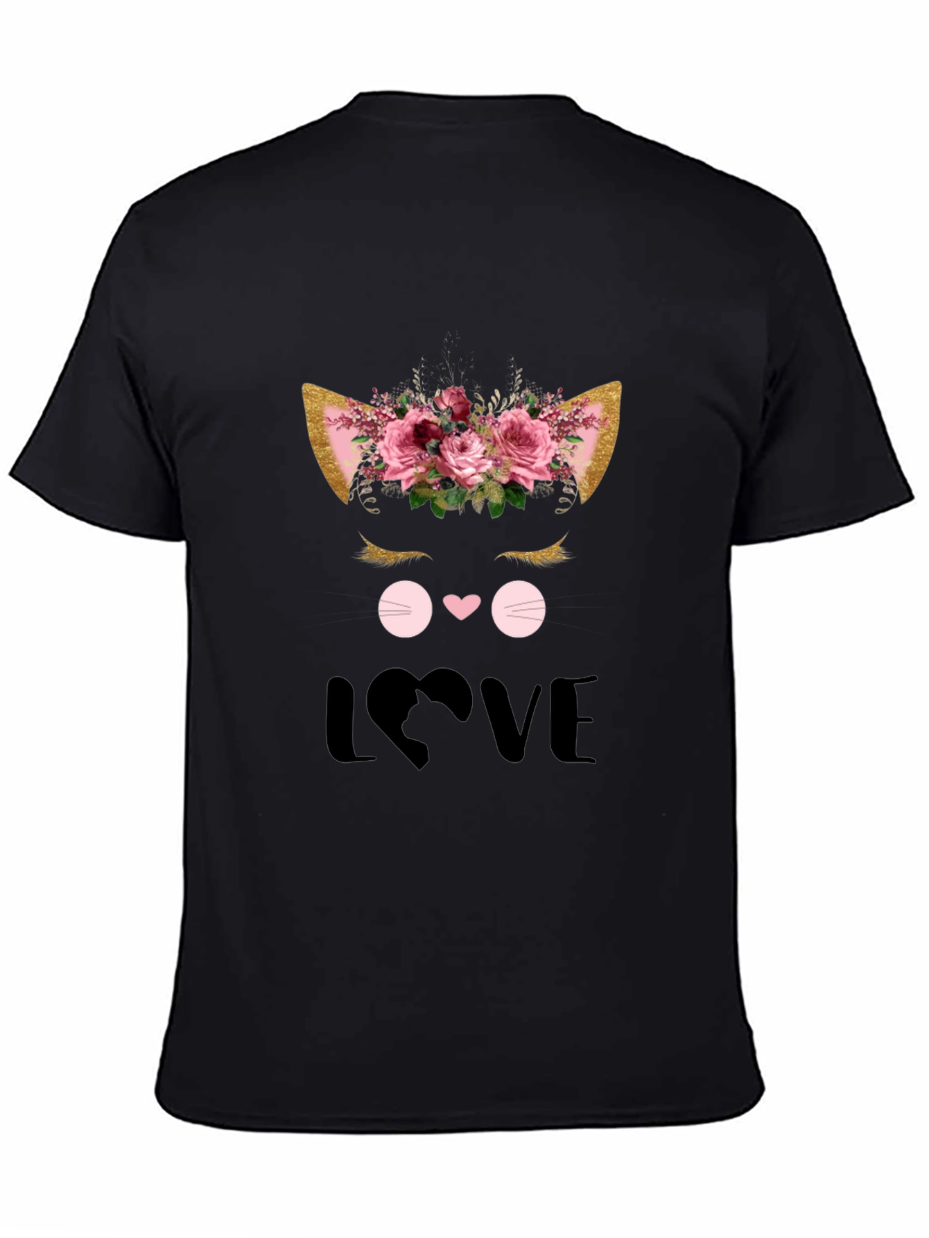 Cute Cat Love Graphic Black T-Shirt