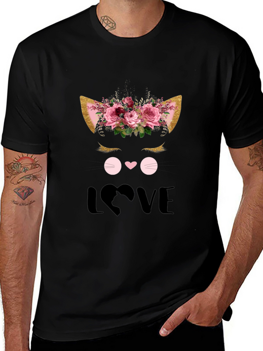 Cute Cat Love Graphic Black T-Shirt