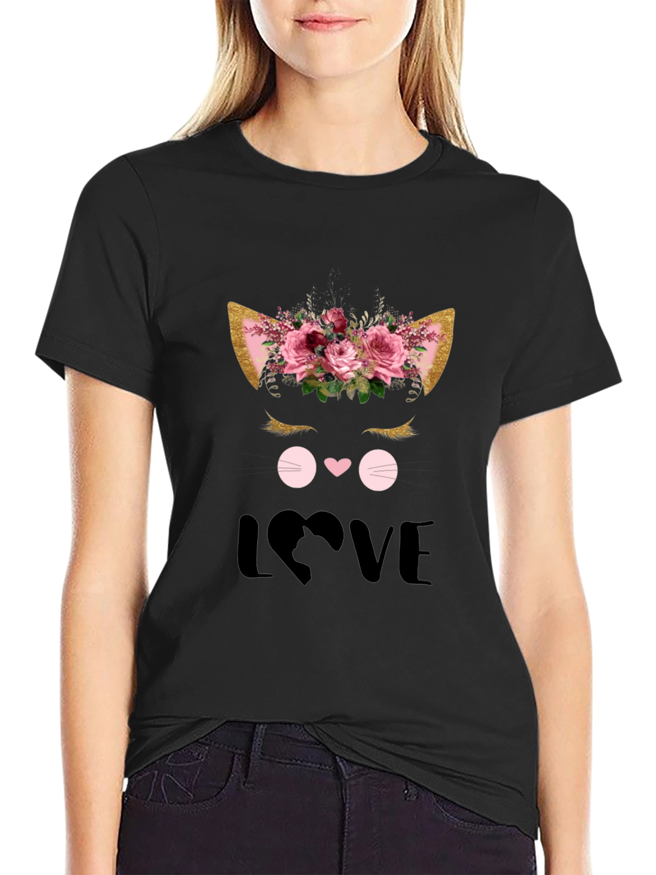 Cute Cat Love Graphic Black T-Shirt