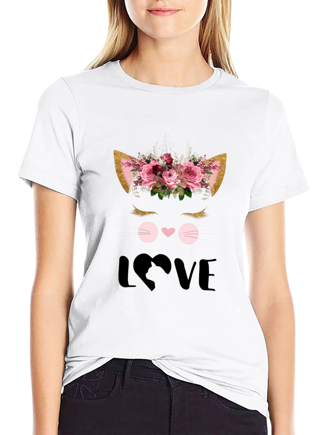 Cute Cat Love Graphic Black T-Shirt