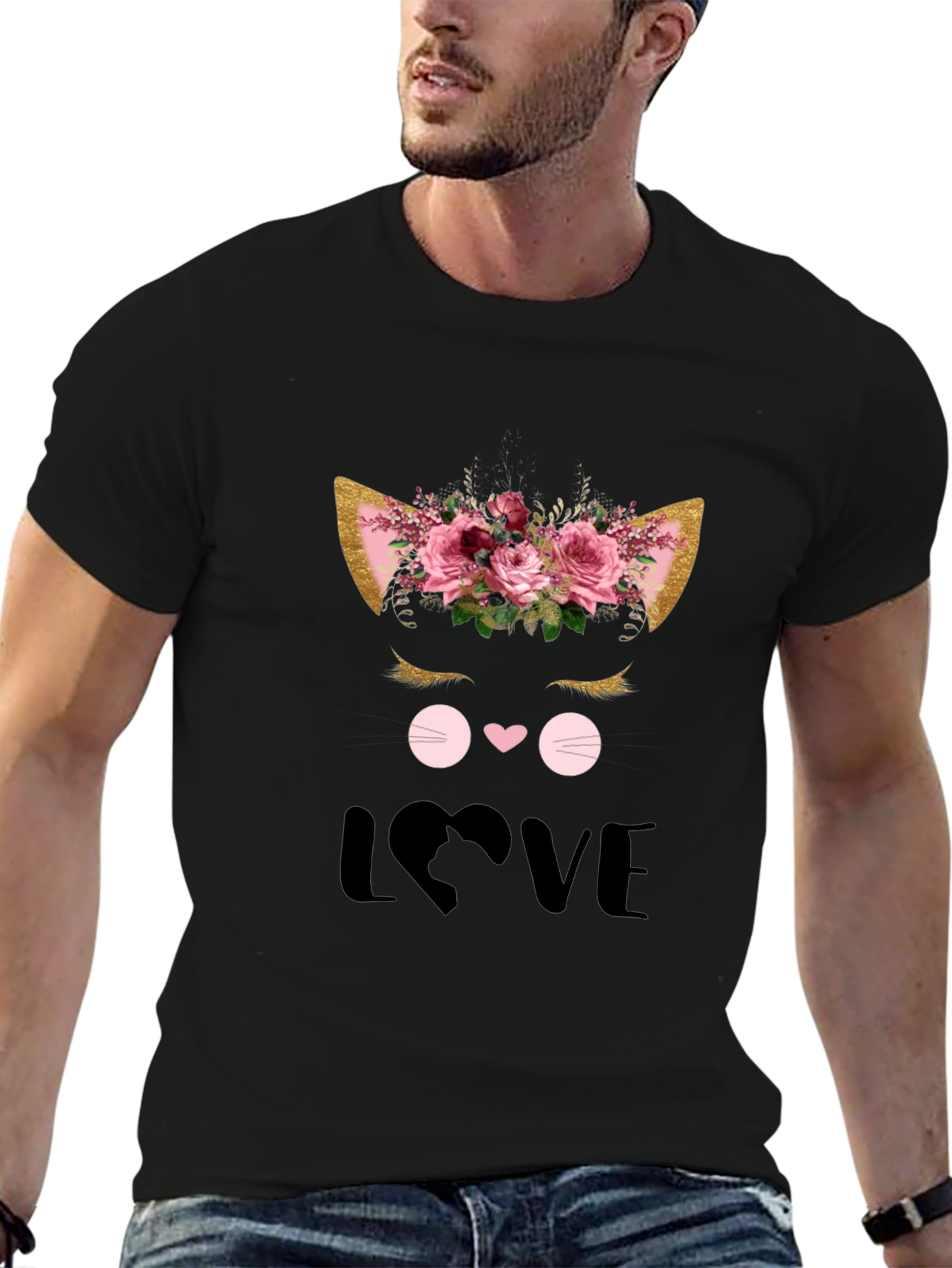 Cute Cat Love Graphic Black T-Shirt