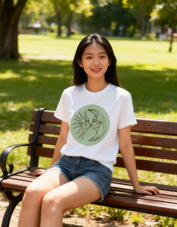 Ethereal Celestial Kiss T-Shirt with Green Circle Accent