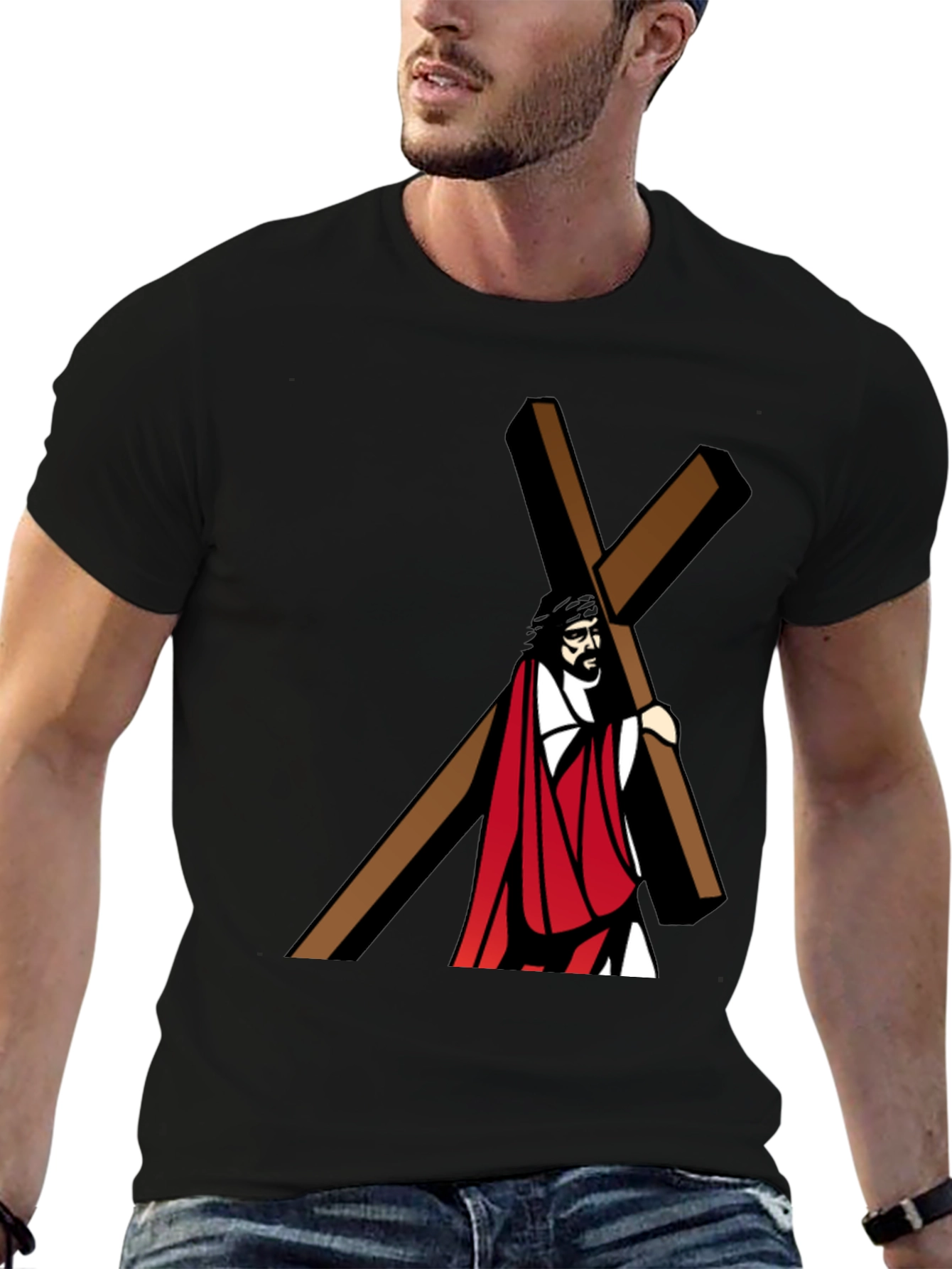 Jesus Carrying Cross Graphic T-Shirt - Black