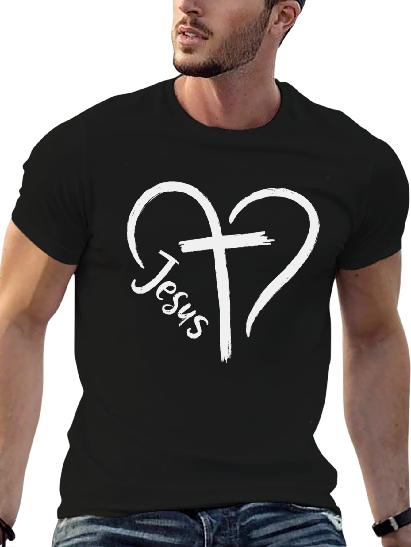 Jesus Heart Cross Graphic Tee - Black