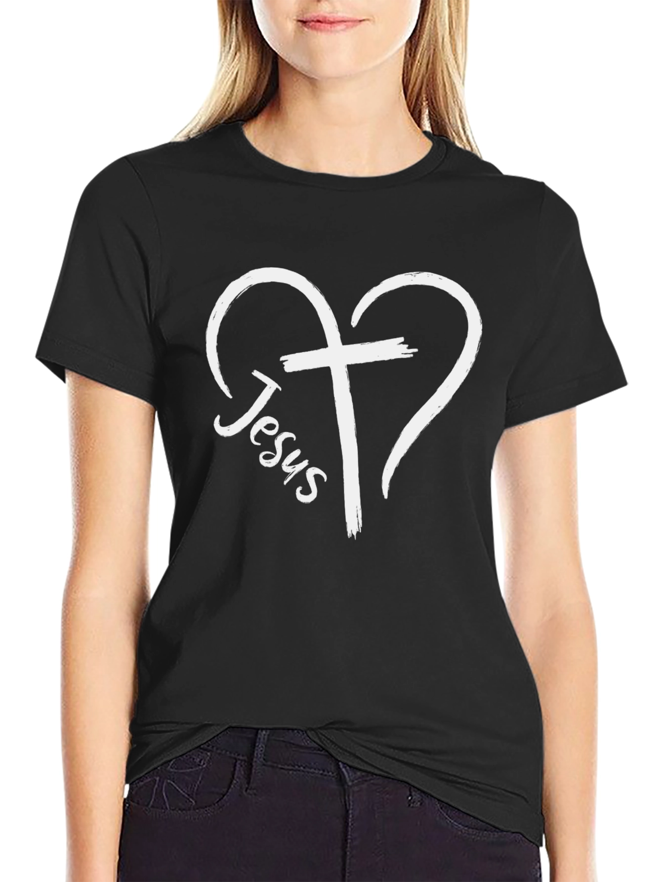 Jesus Heart Cross Graphic Tee - Black