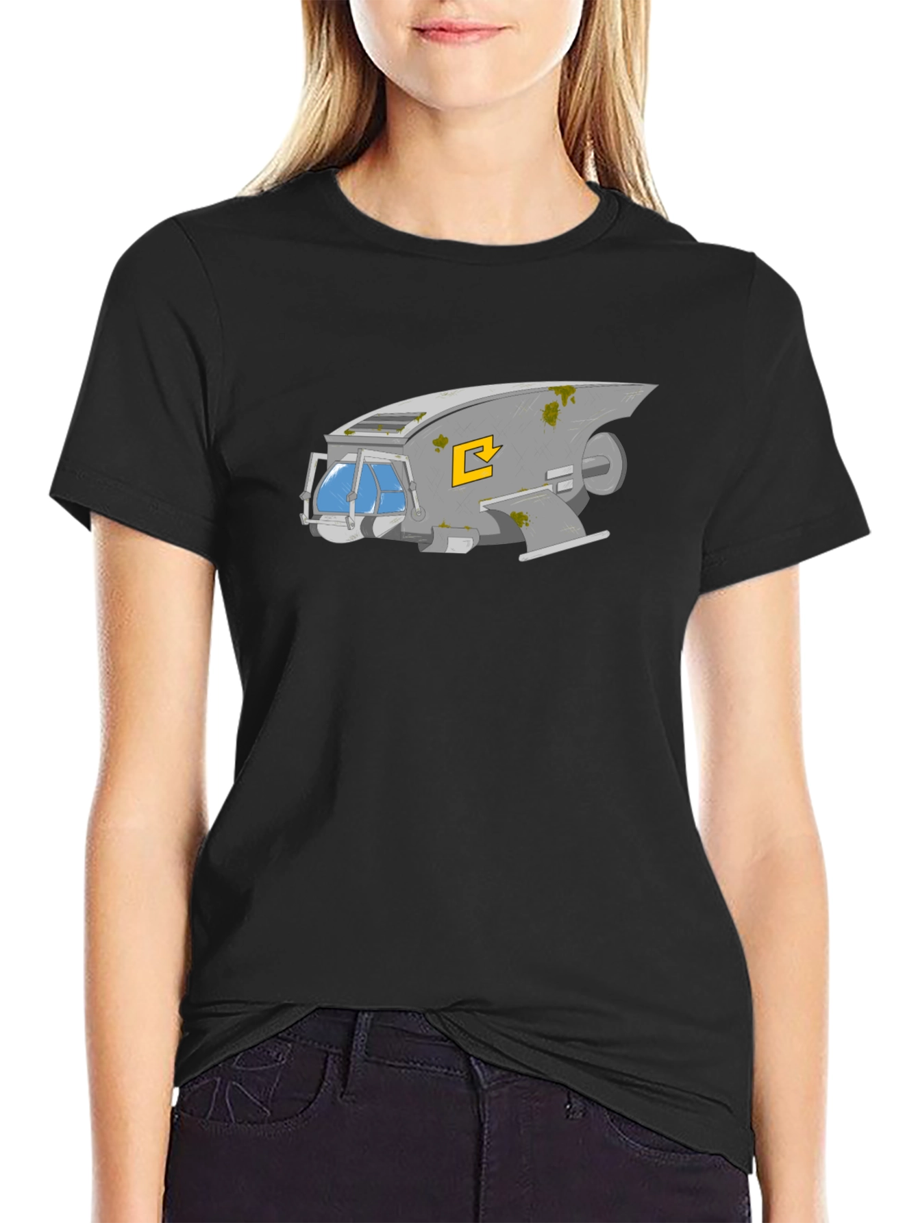 Retro Spaceship Graphic Tee - Black Cotton Comfort