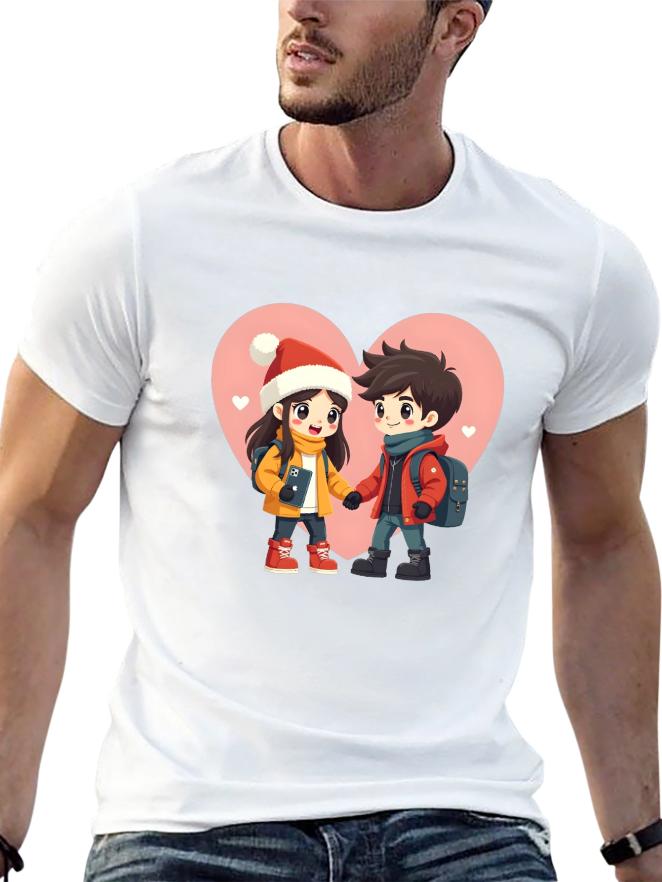 Romantic Cartoon Couple Black T-Shirt
