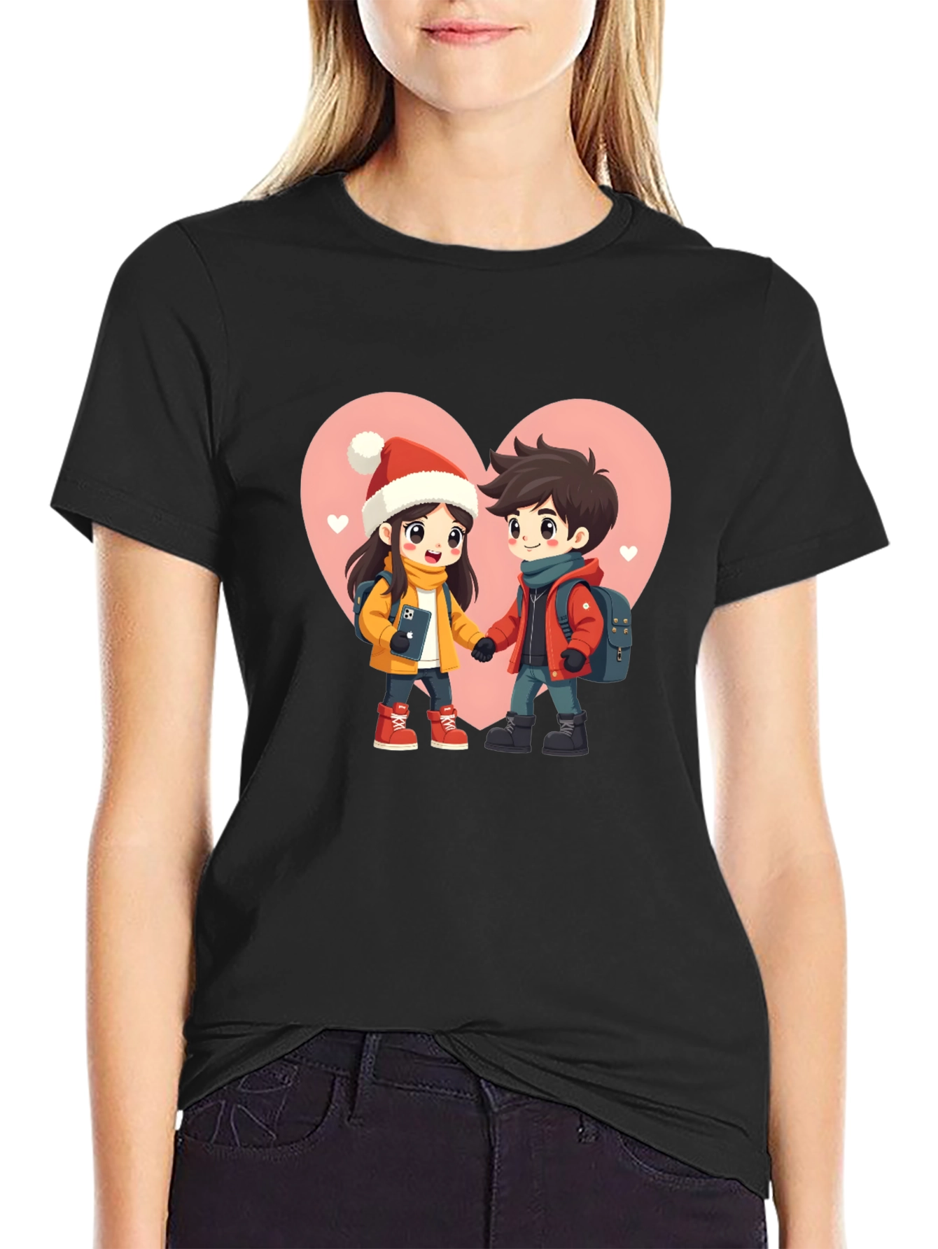 Romantic Cartoon Couple Black T-Shirt