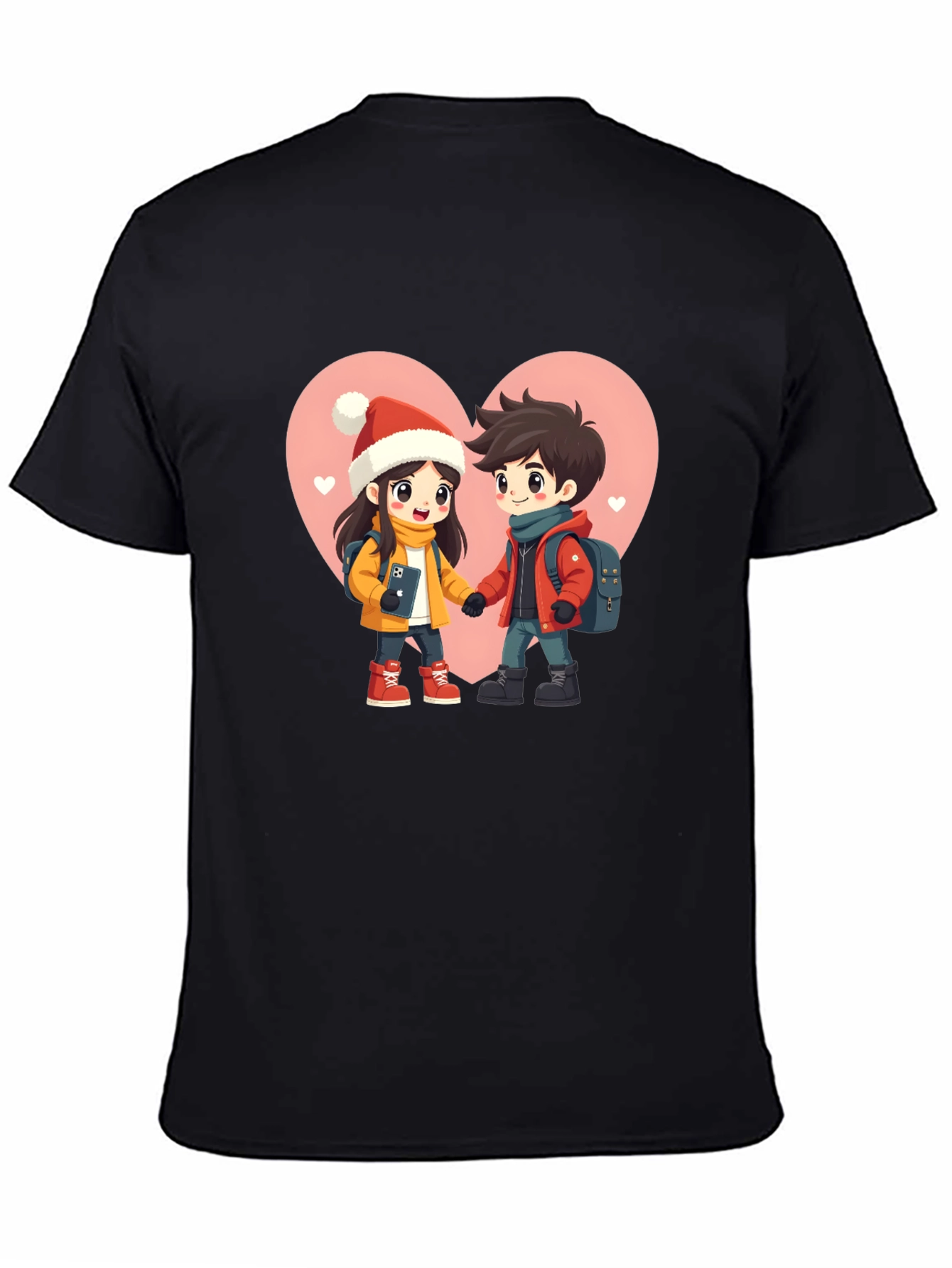 Romantic Cartoon Couple Black T-Shirt