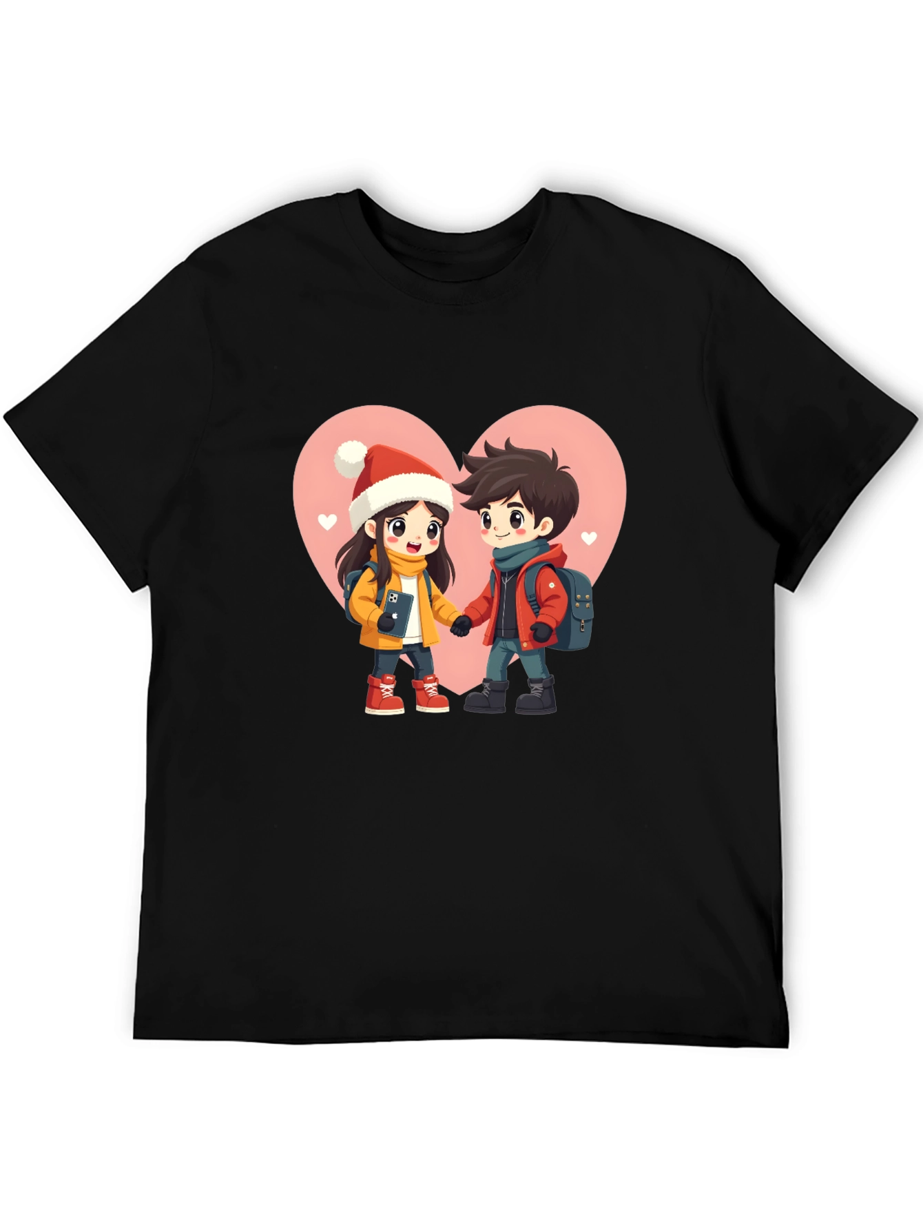 Romantic Cartoon Couple Black T-Shirt