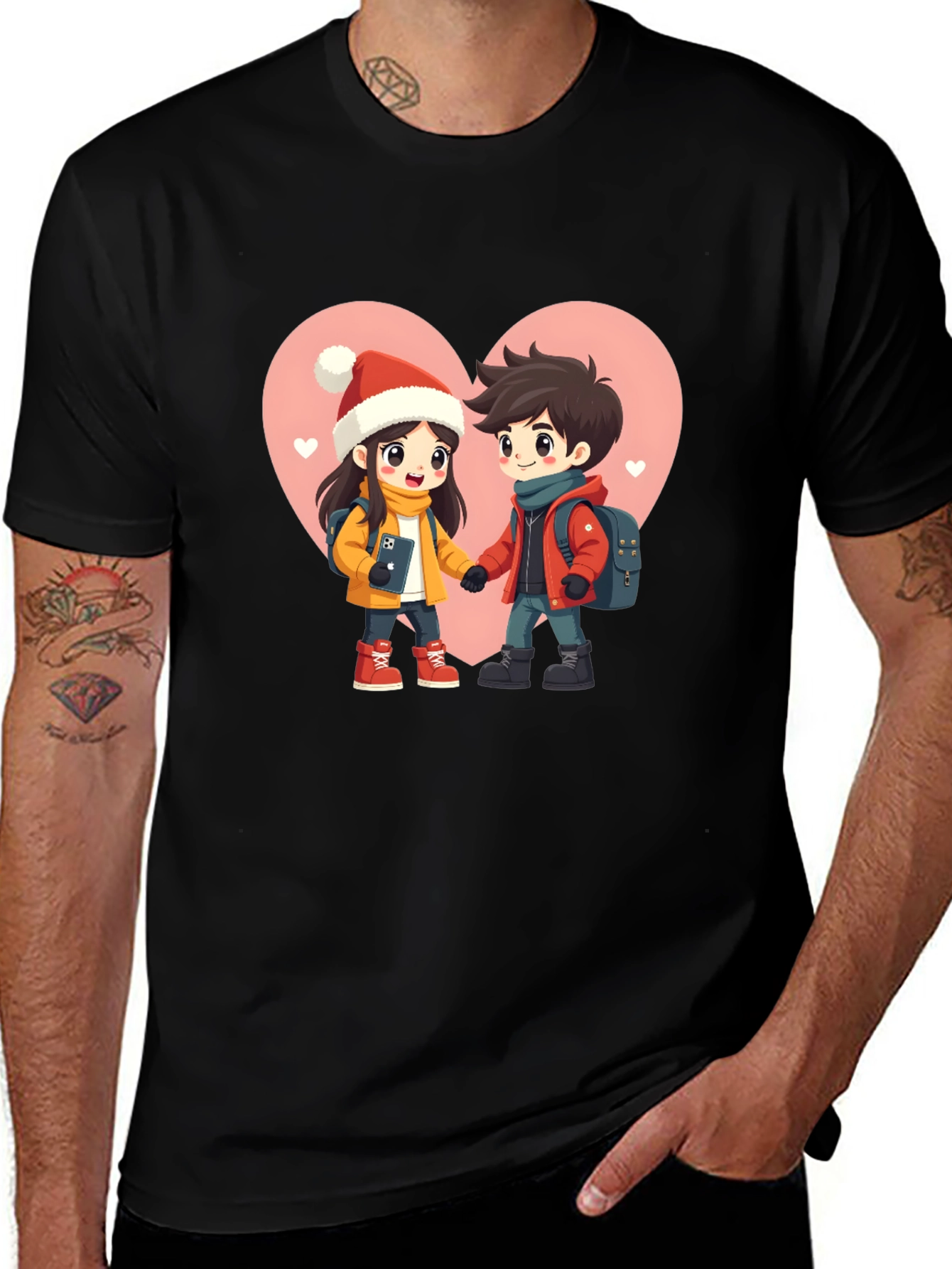 Romantic Cartoon Couple Black T-Shirt