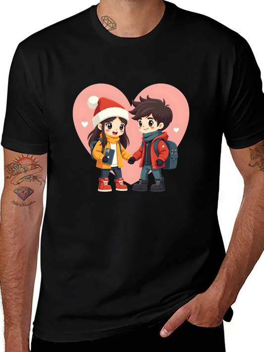 Romantic Cartoon Couple Black T-Shirt