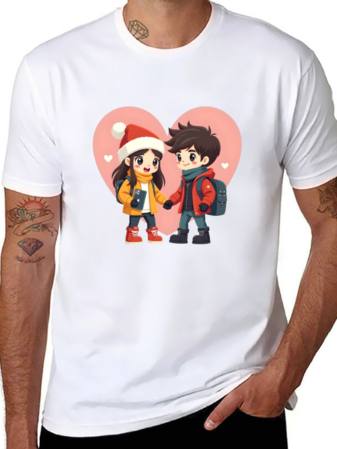 Romantic Cartoon Couple Black T-Shirt