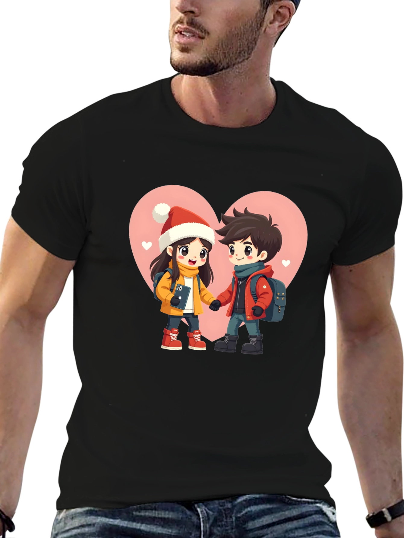 Romantic Cartoon Couple Black T-Shirt