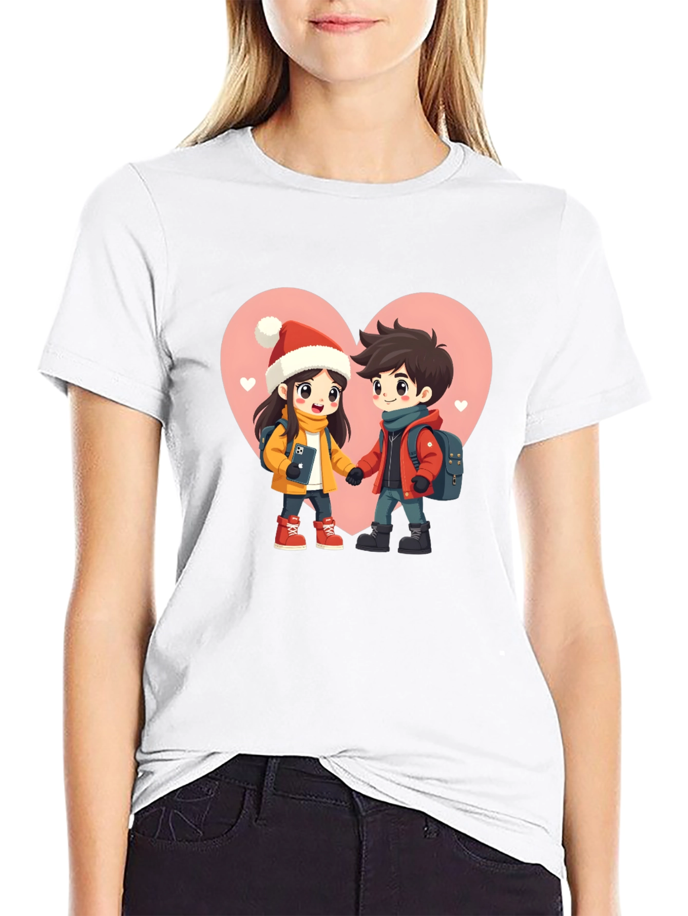 Romantic Cartoon Couple Black T-Shirt