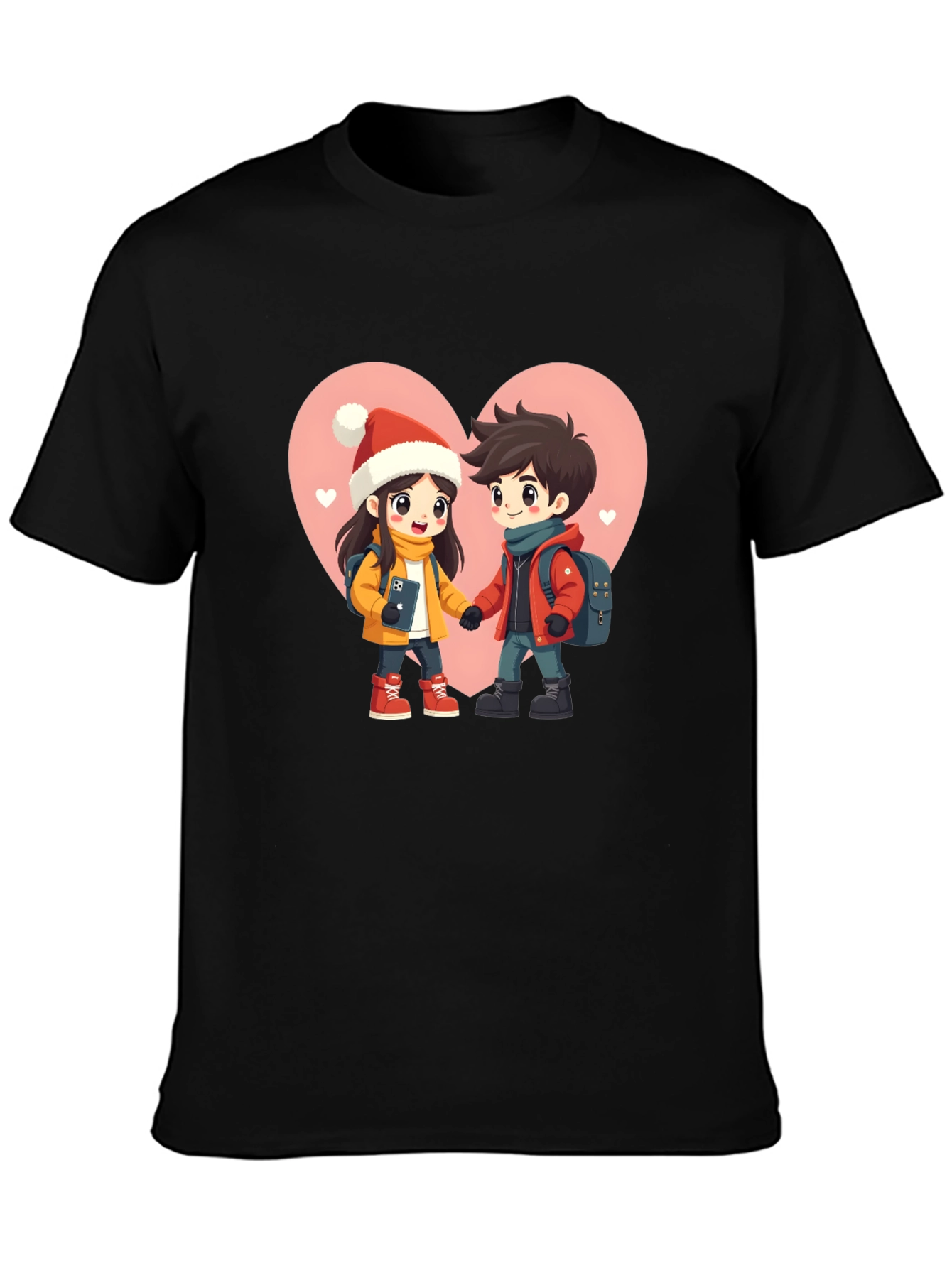 Romantic Cartoon Couple Black T-Shirt