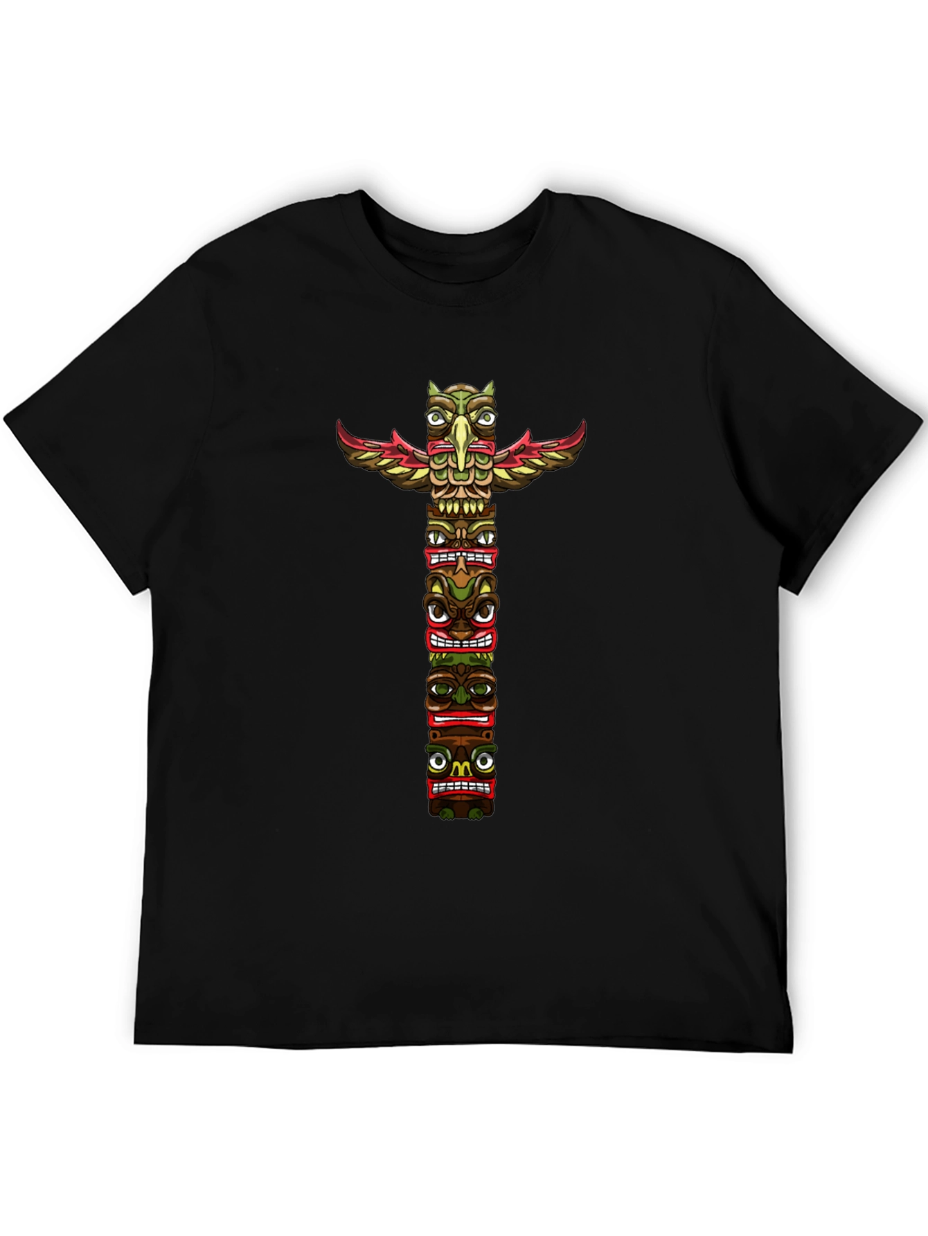 Tribal Totem Pole Graphic Tee - Black Cotton T-Shirt