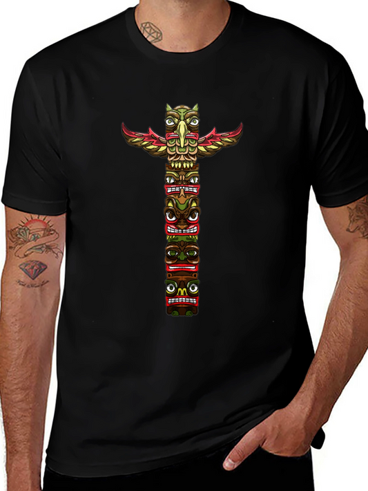 Tribal Totem Pole Graphic Tee - Black Cotton T-Shirt