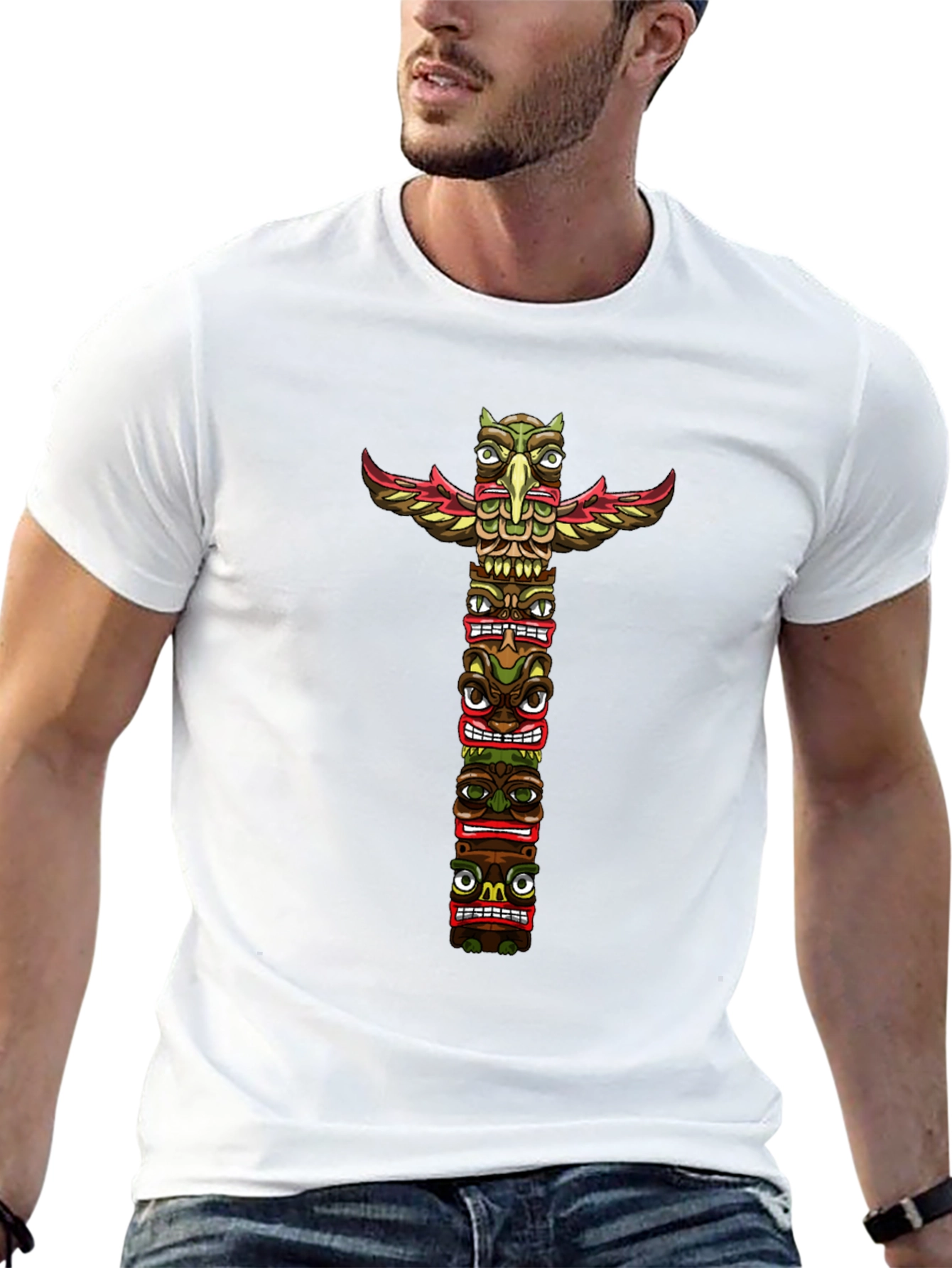 Tribal Totem Pole Graphic Tee - Black Cotton T-Shirt