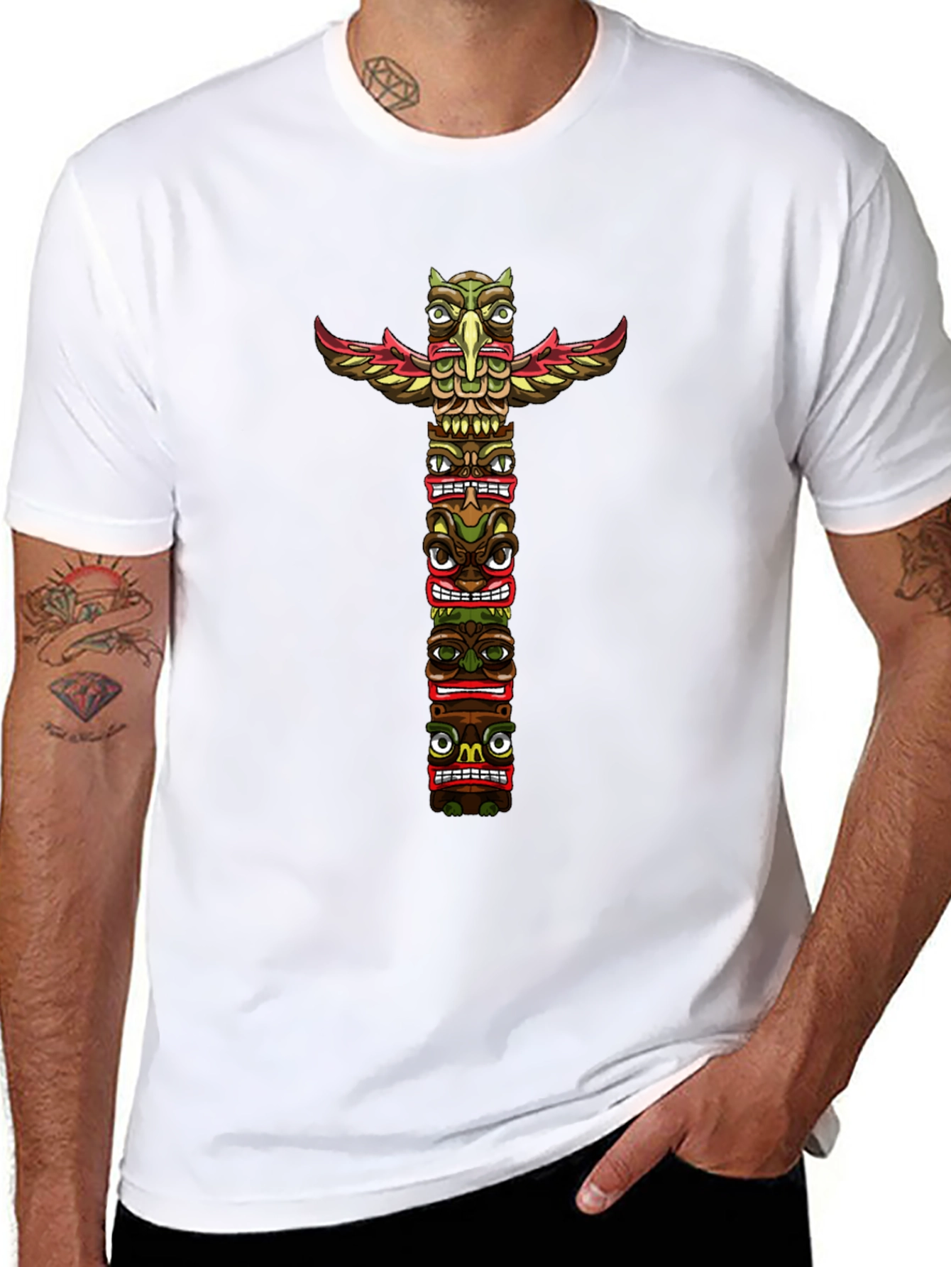 Tribal Totem Pole Graphic Tee - Black Cotton T-Shirt