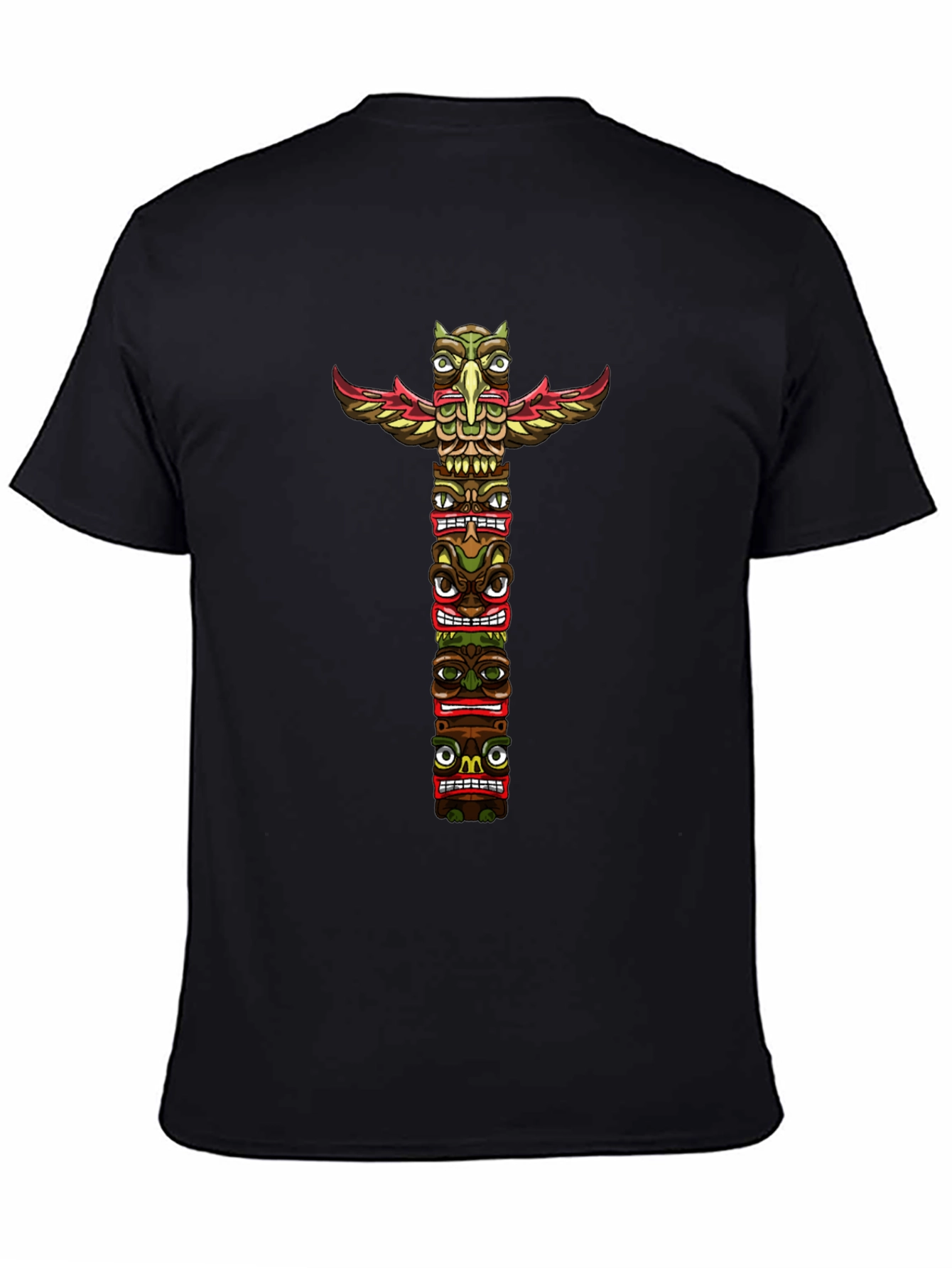 Tribal Totem Pole Graphic Tee - Black Cotton T-Shirt