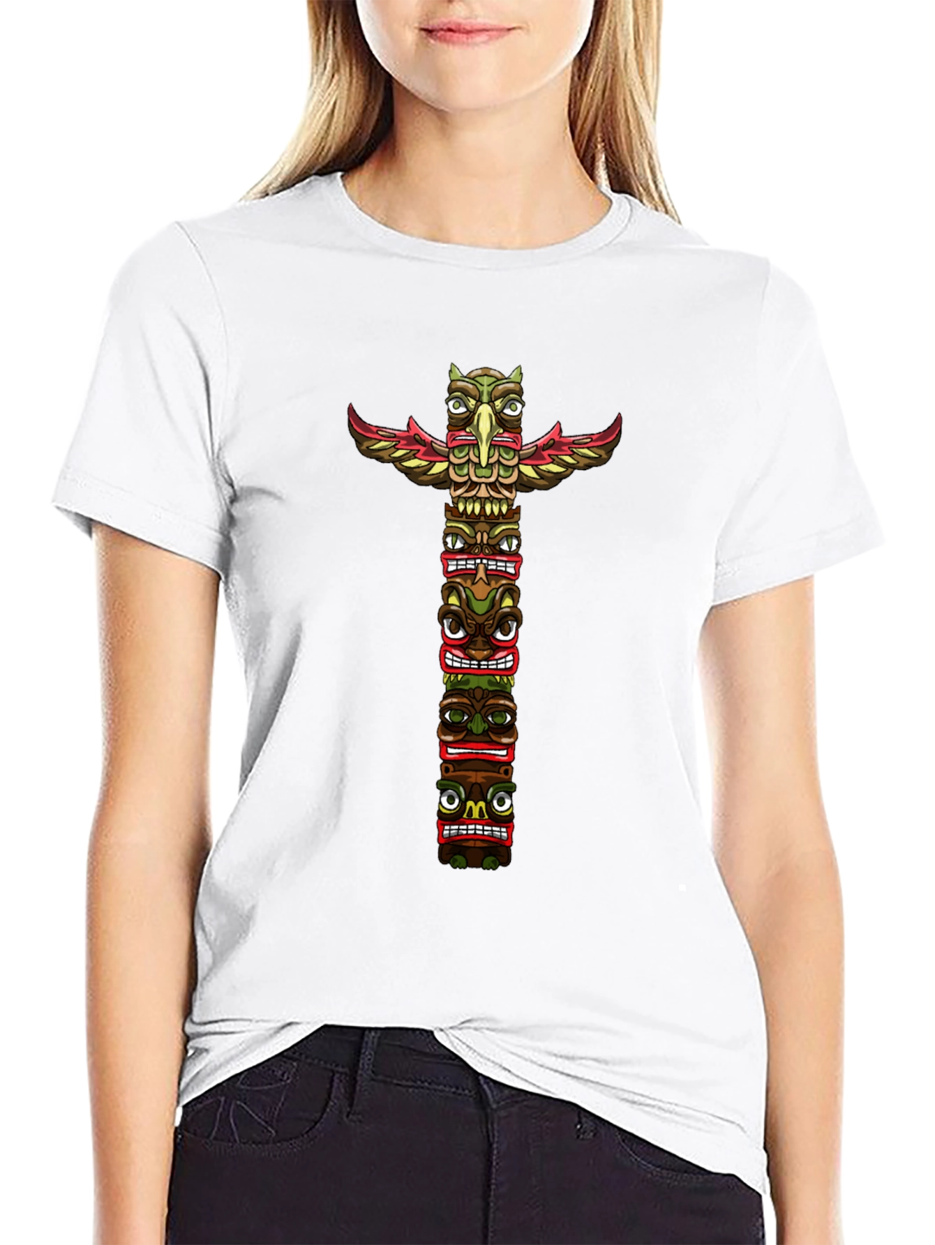 Tribal Totem Pole Graphic Tee - Black Cotton T-Shirt