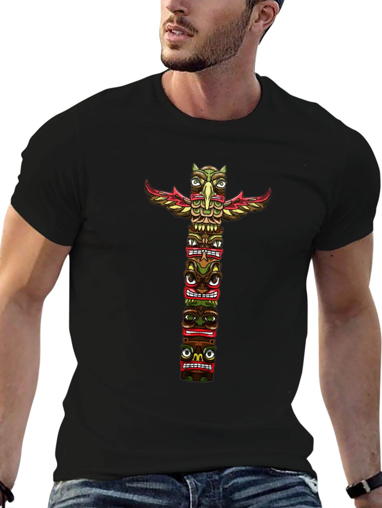 Tribal Totem Pole Graphic Tee - Black Cotton T-Shirt