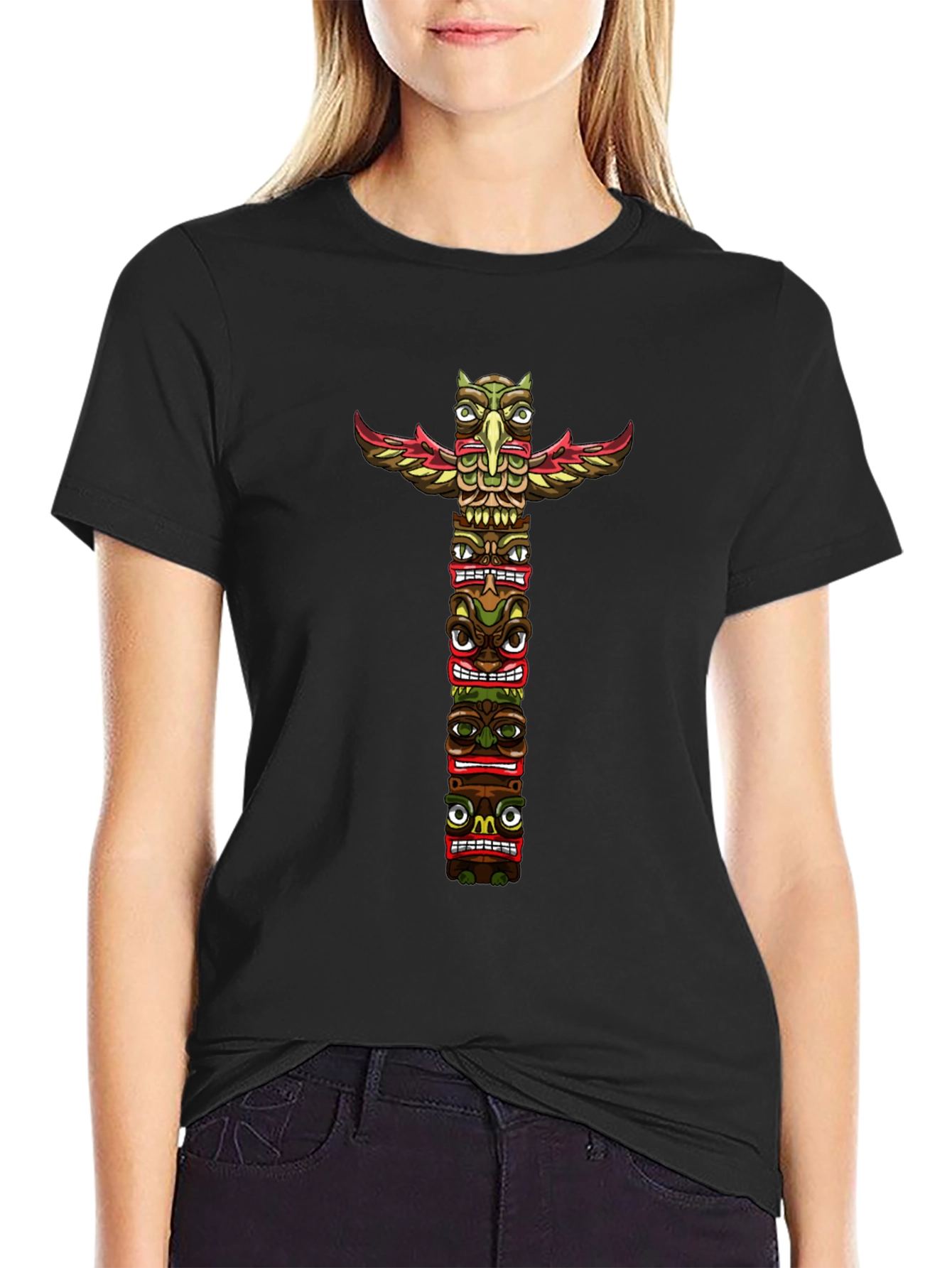 Tribal Totem Pole Graphic Tee - Black Cotton T-Shirt