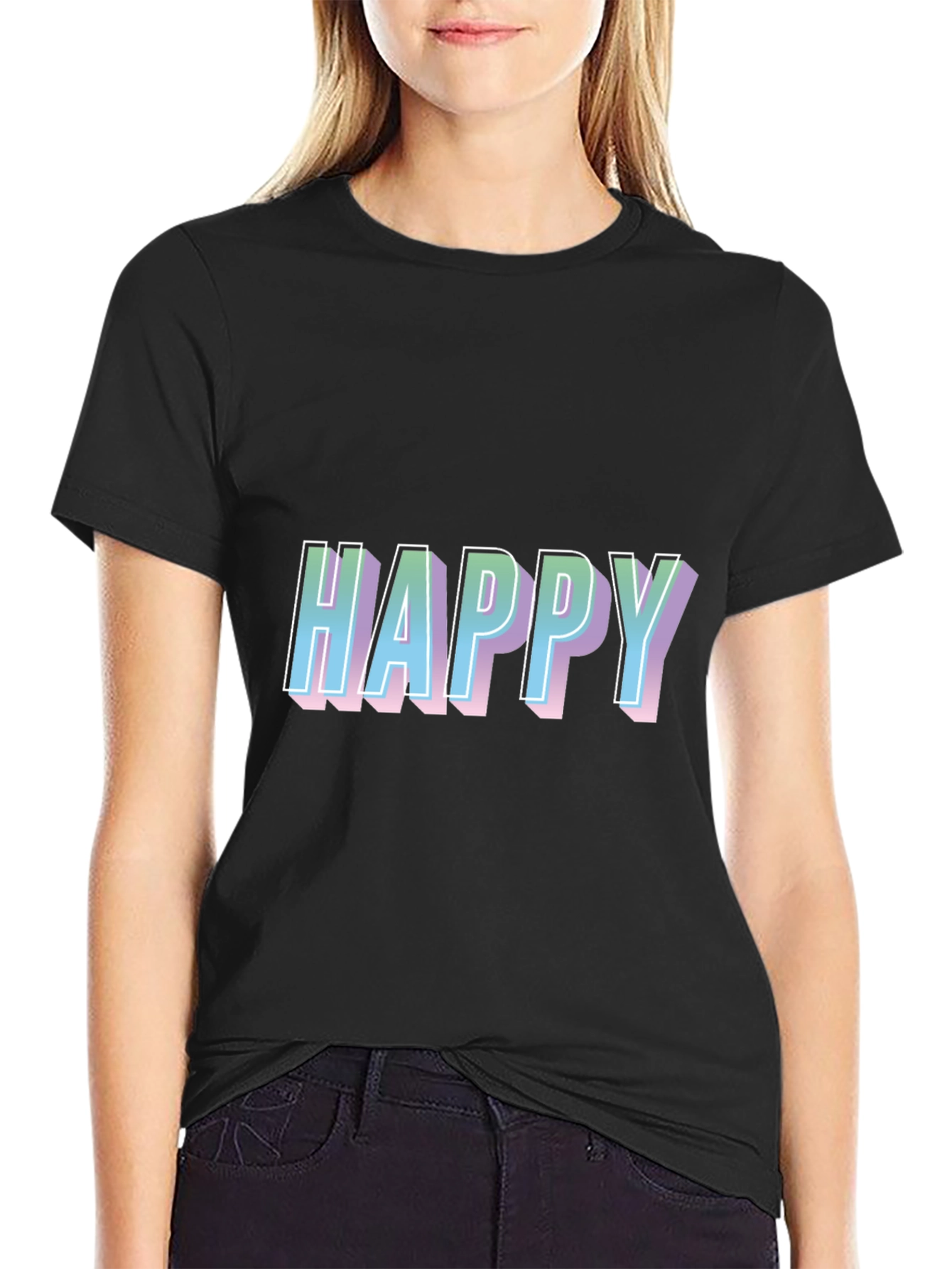 Happy Graphic Print Black T-Shirt