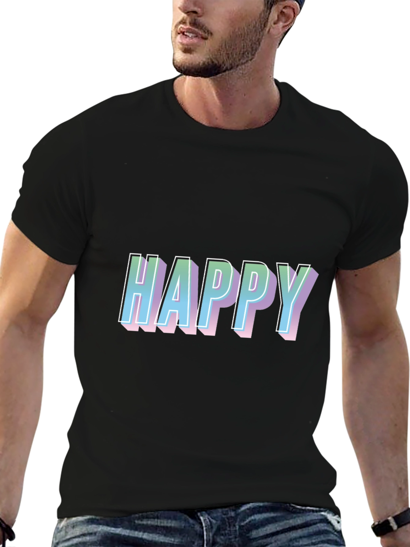 Happy Graphic Print Black T-Shirt