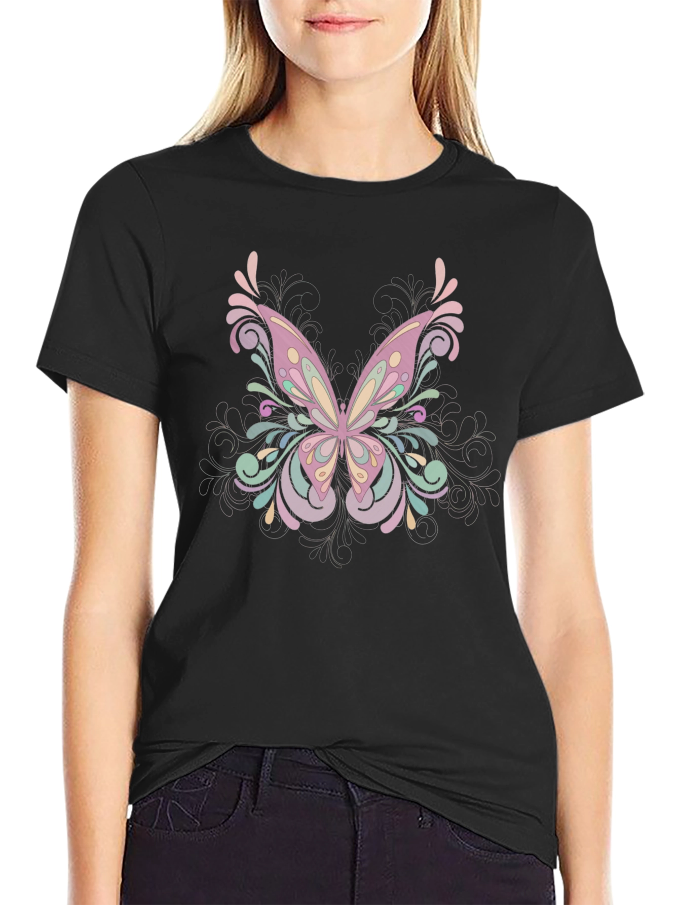 Butterfly Graphic Tee - Black Cotton Blend Shirt