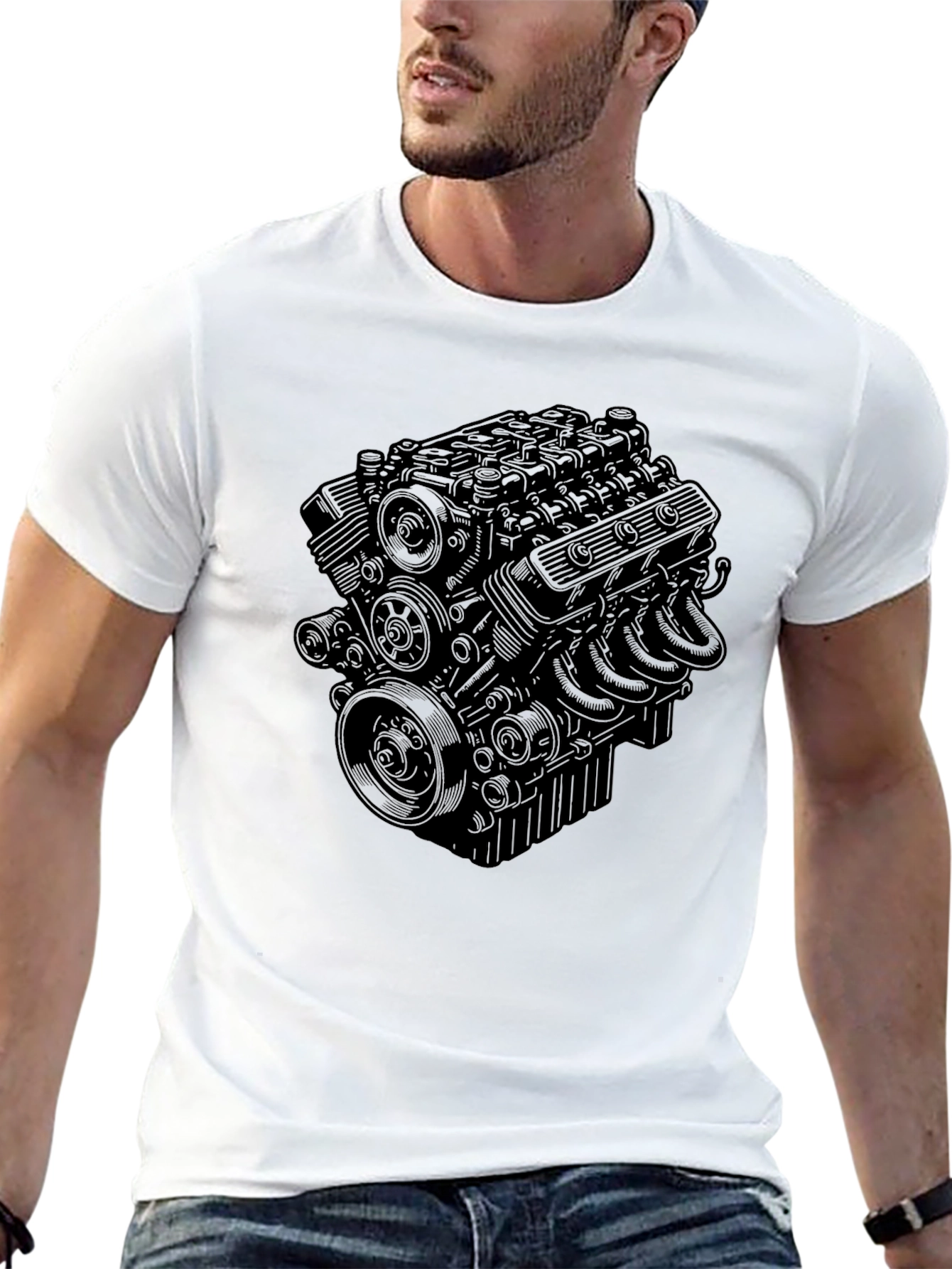 Black Engine Print Tee - Automotive Enthusiast Style