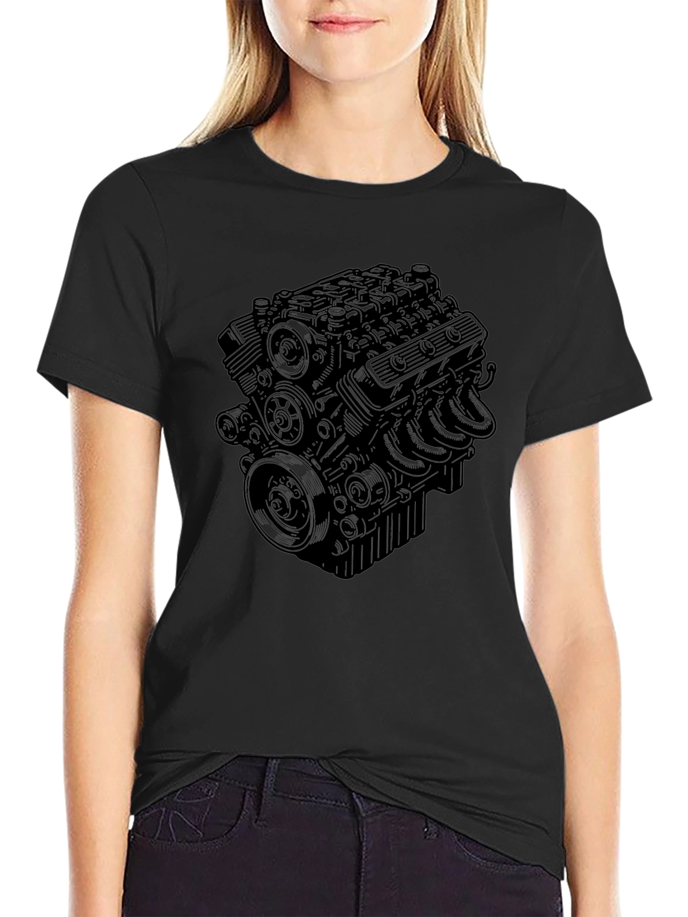 Black Engine Print Tee - Automotive Enthusiast Style