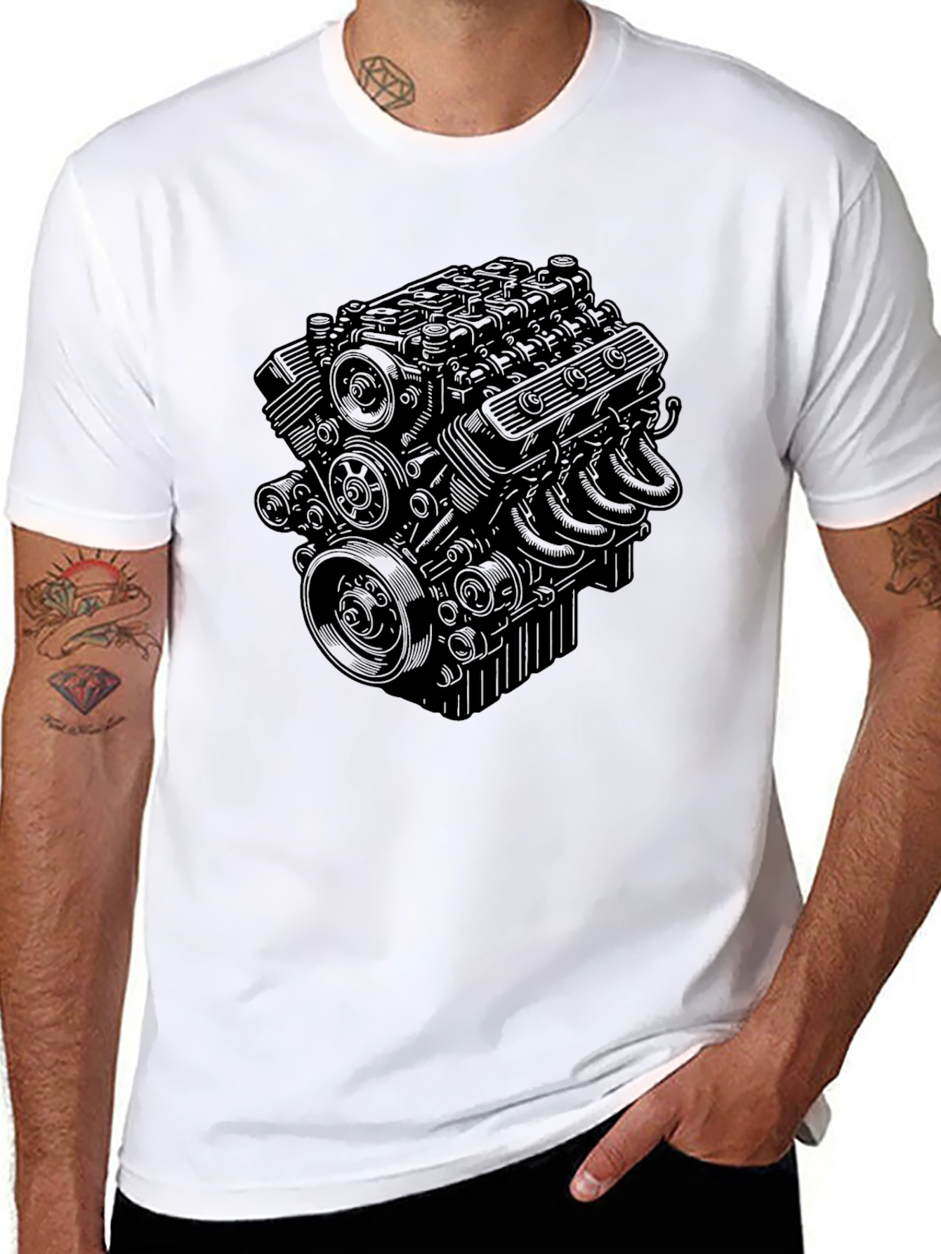 Black Engine Print Tee - Automotive Enthusiast Style