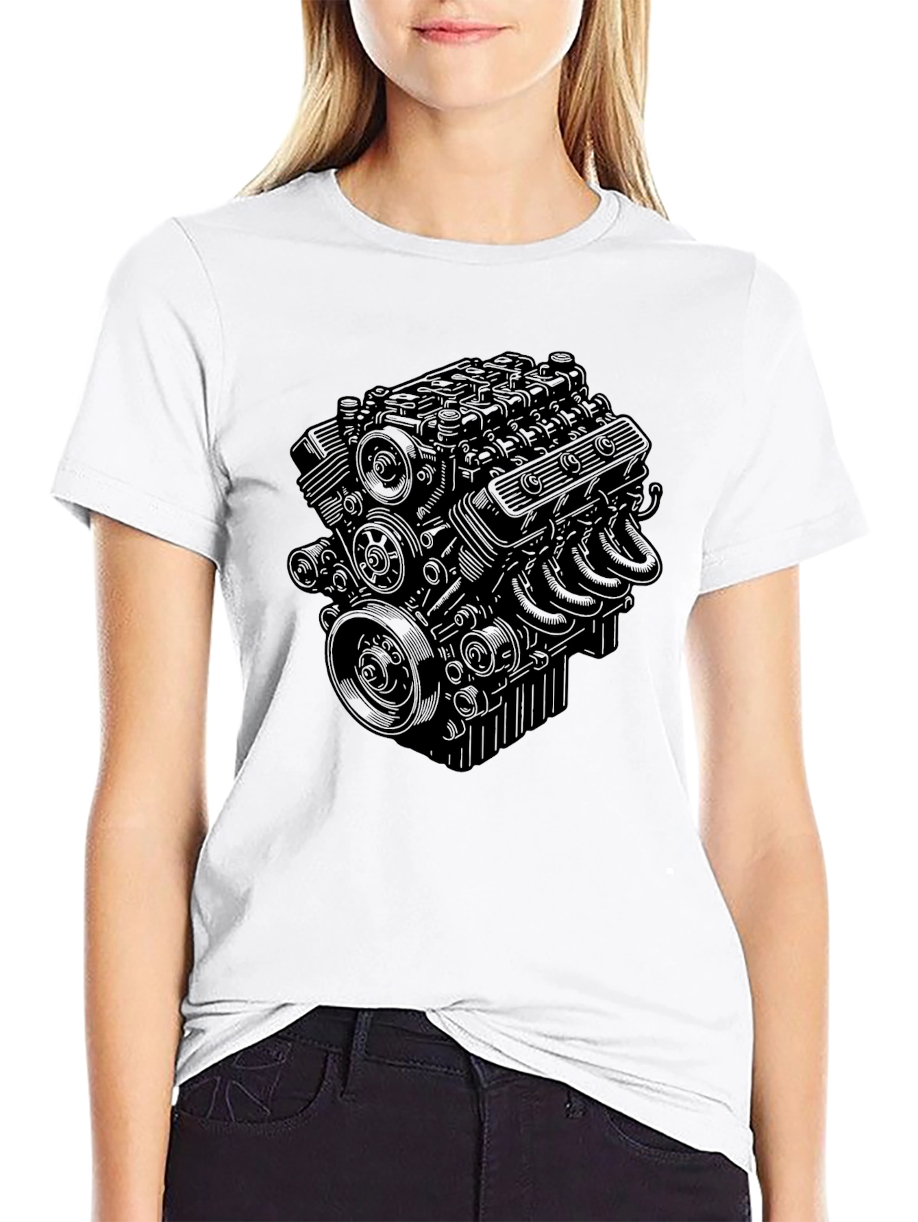 Black Engine Print Tee - Automotive Enthusiast Style