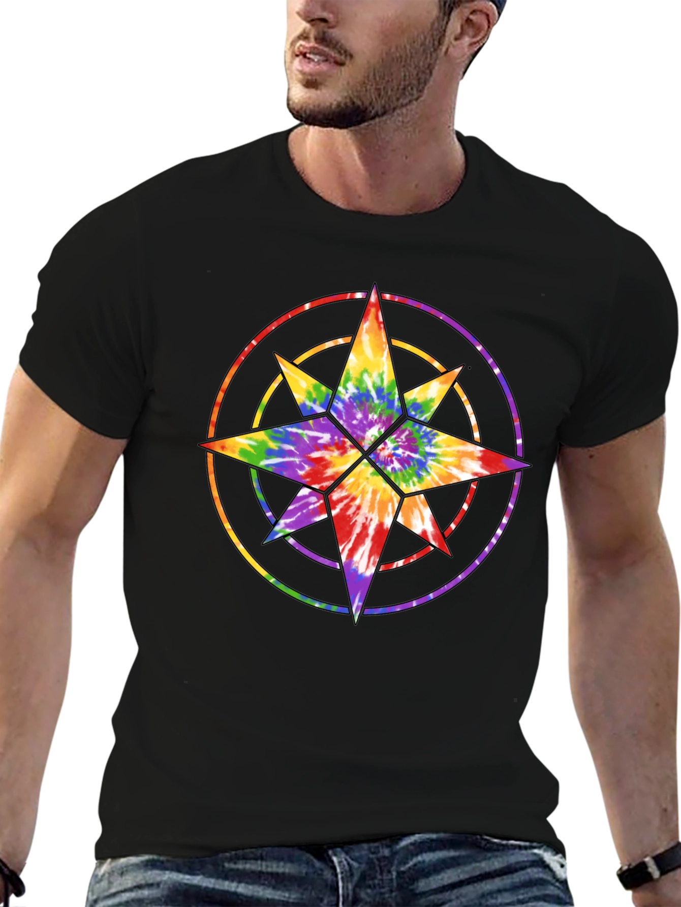 Tie Dye Star Compass Black T-Shirt