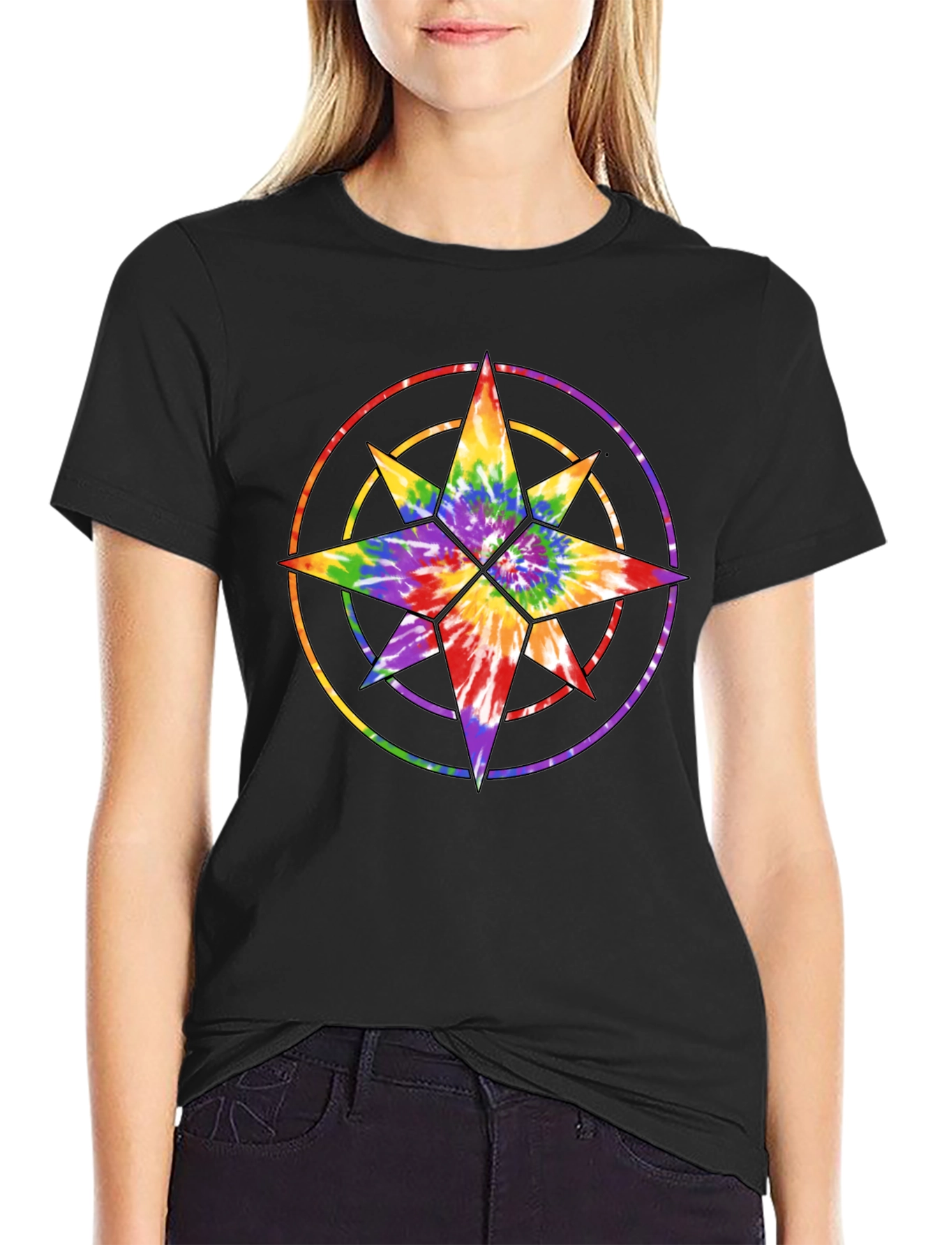 Tie Dye Star Compass Black T-Shirt