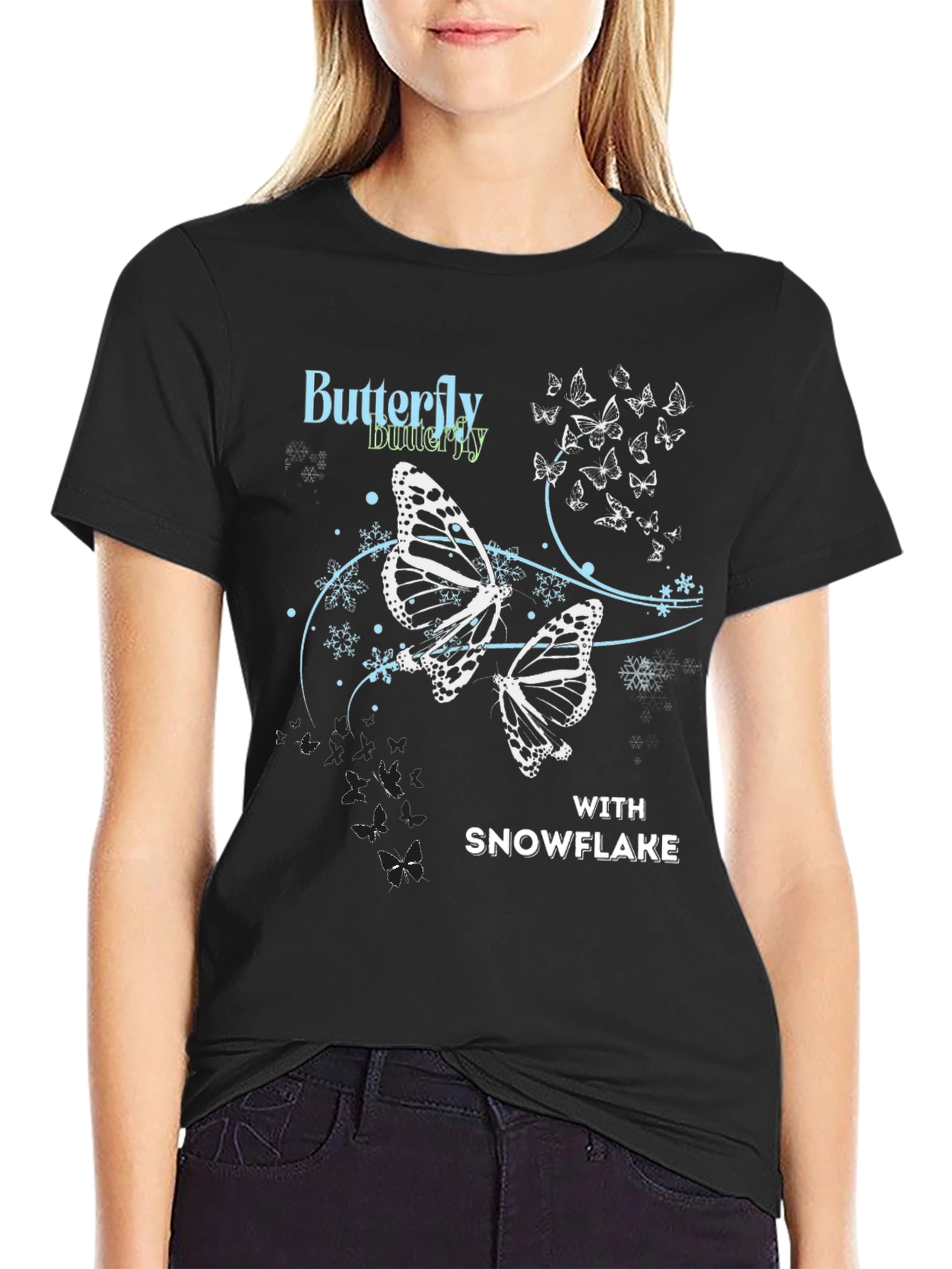 Butterfly Snowflake Graphic Tee - Black Casual Top