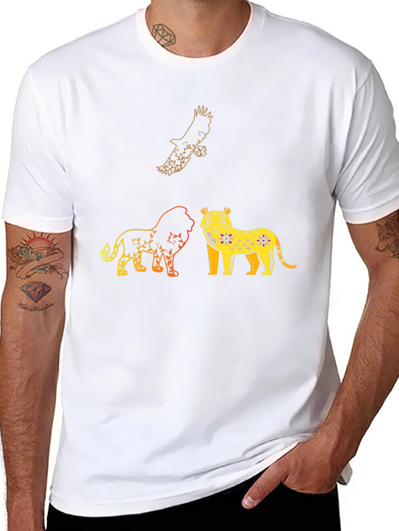 Lion Tiger Eagle Graphic Print T-Shirt
