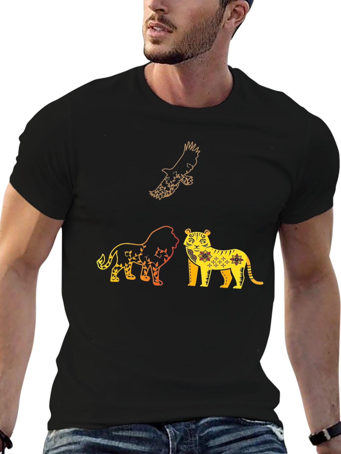 Lion Tiger Eagle Graphic Print T-Shirt