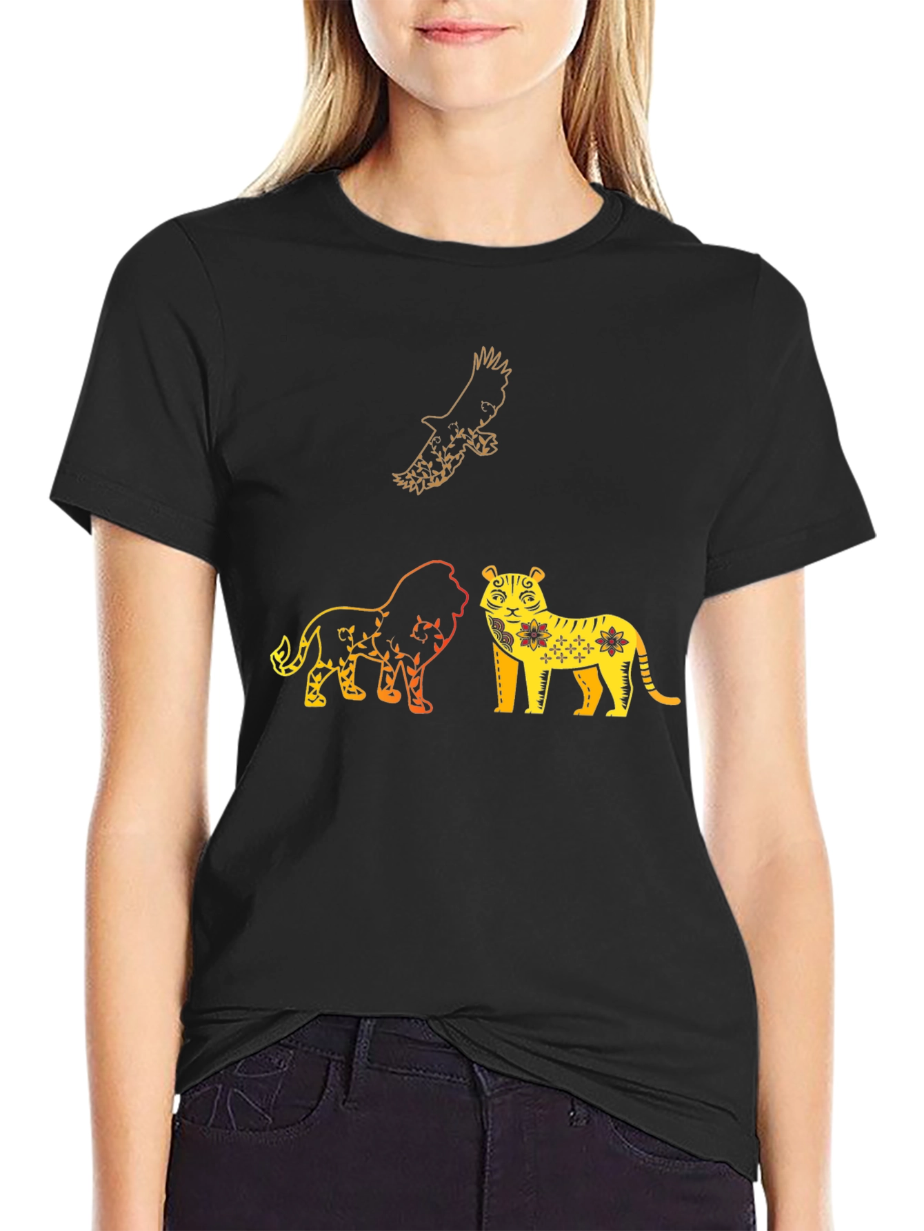 Lion Tiger Eagle Graphic Print T-Shirt