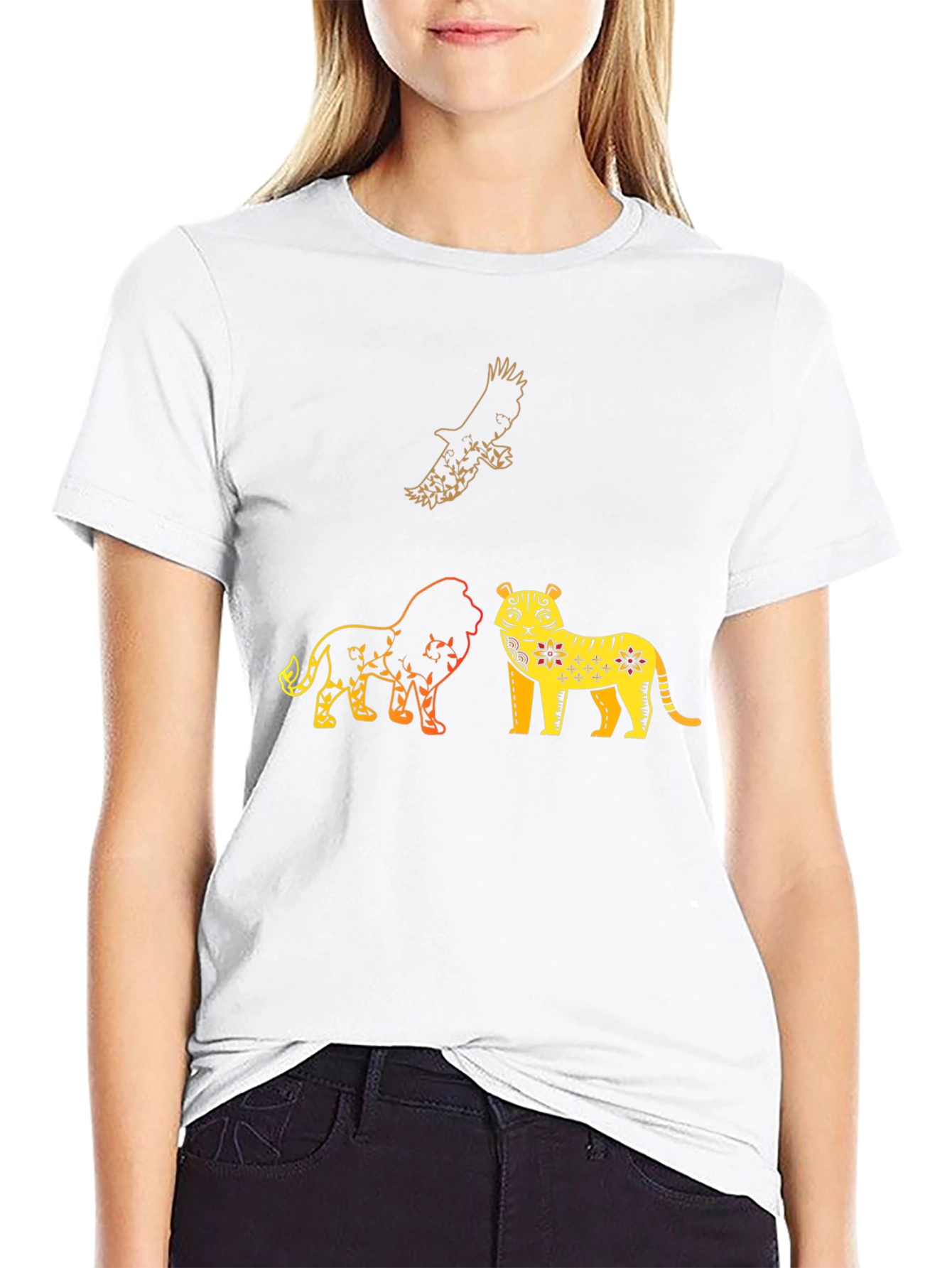 Lion Tiger Eagle Graphic Print T-Shirt