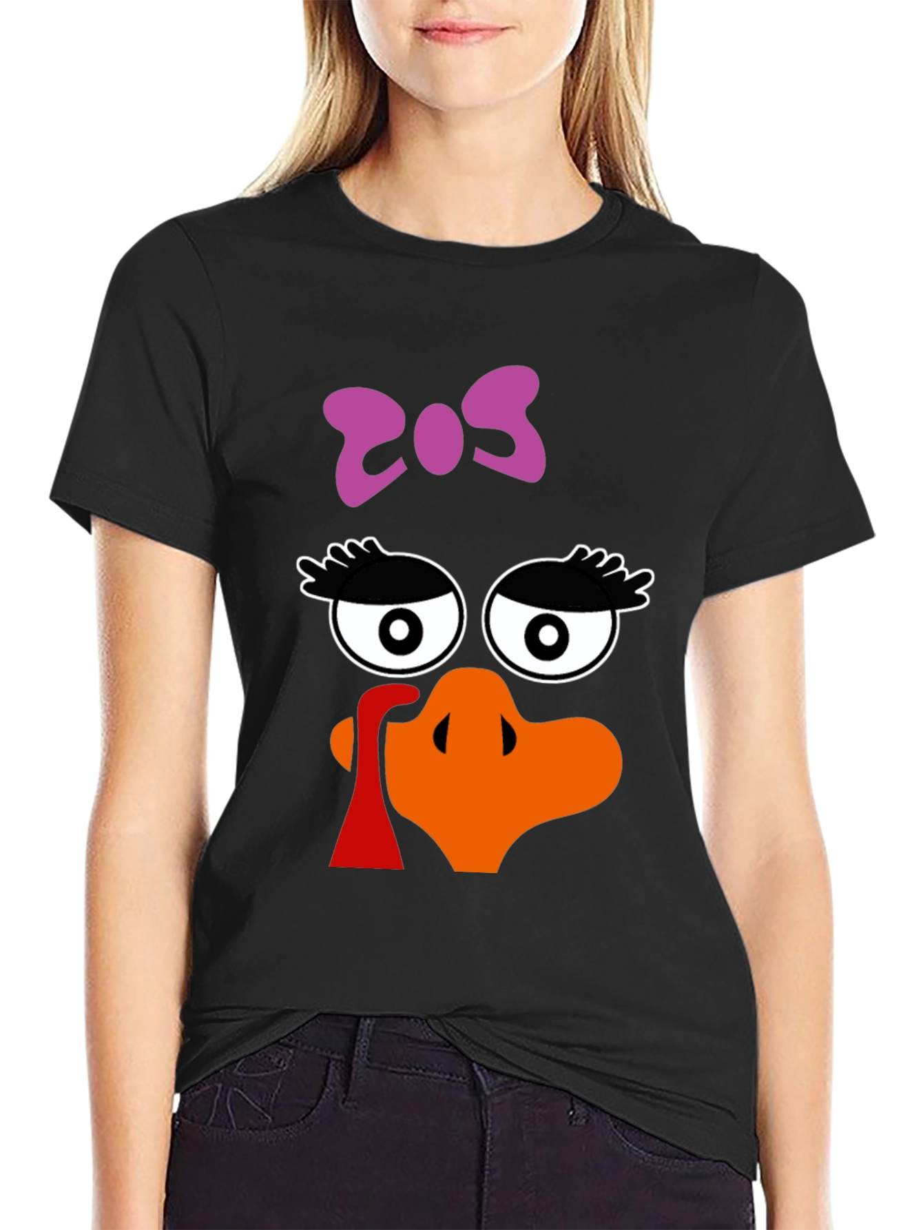 Thanksgiving Turkey Face Bow Black T-Shirt